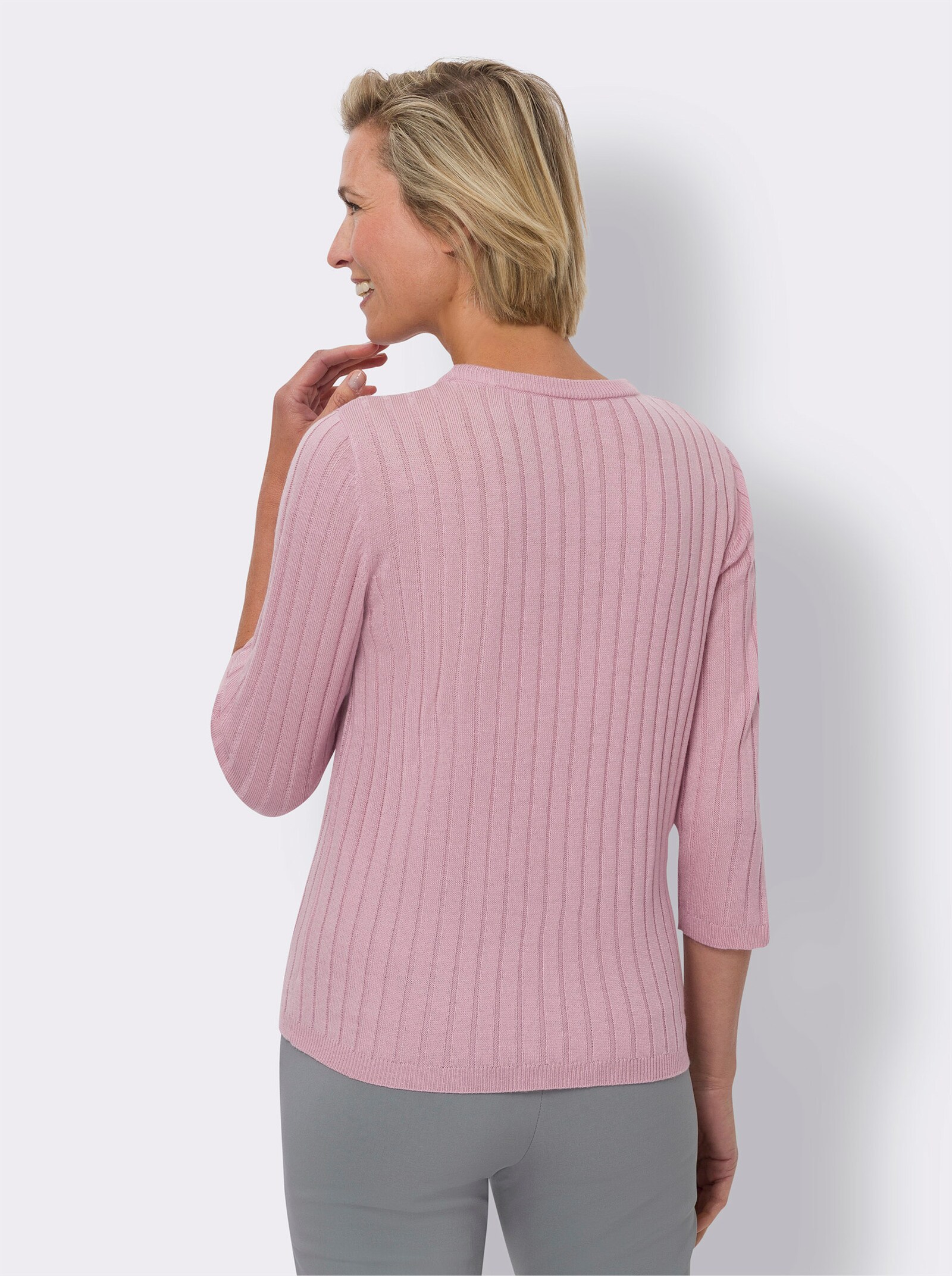 Pullover met 3/4-mouwen en ribpatroon rondom - roze