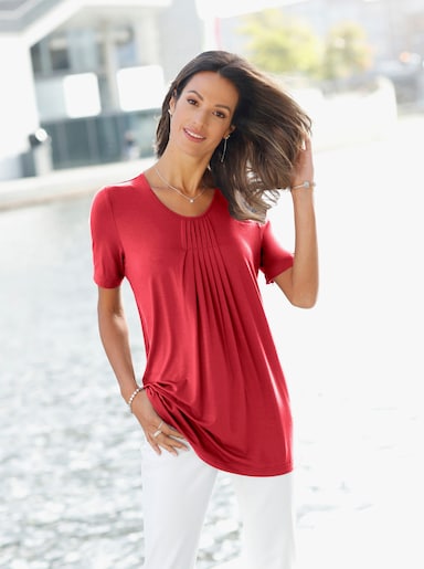 Rundhalsshirt in A-Form mit Falten - erdbeere