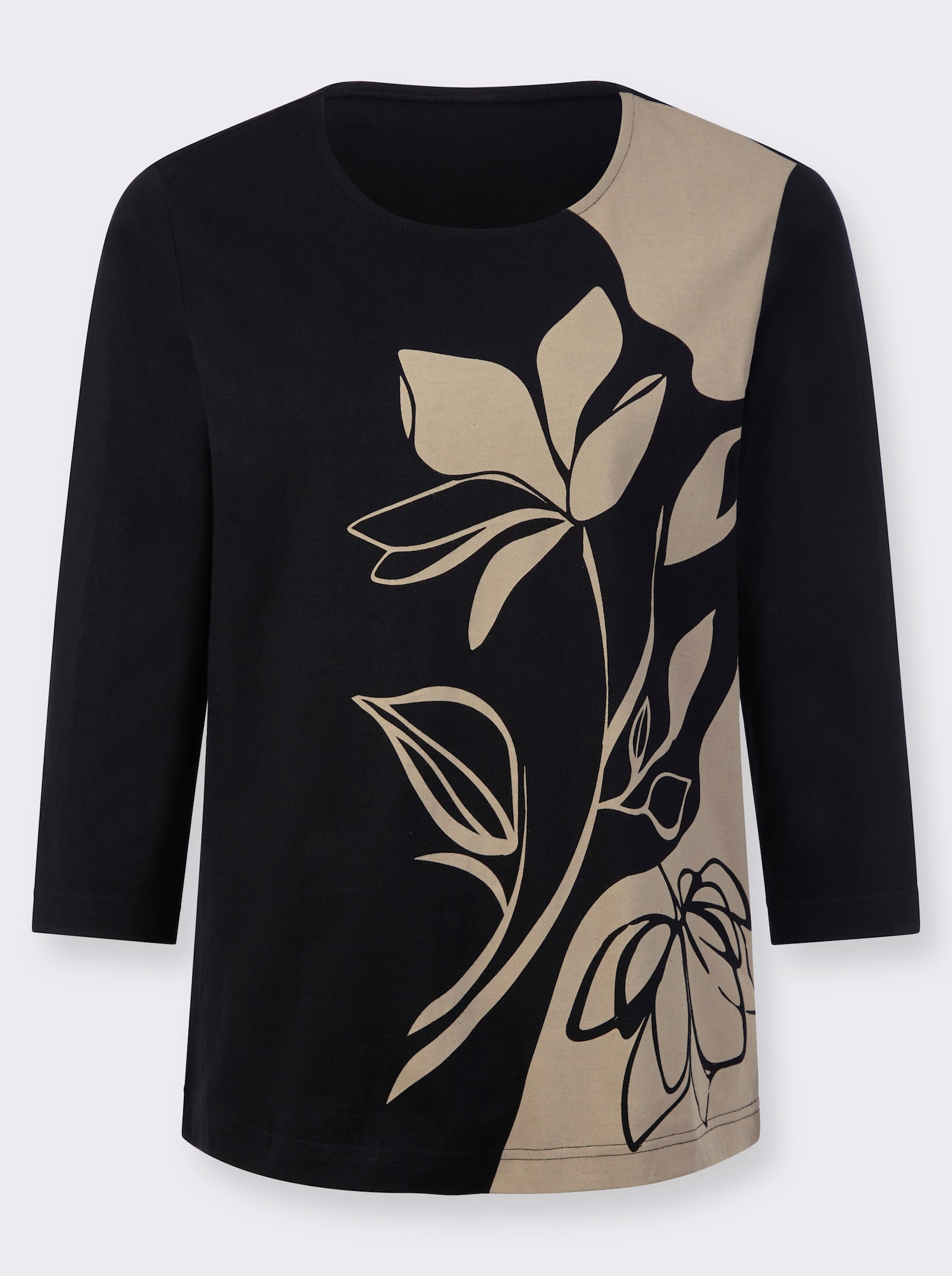 Rundhalsshirt mit Blumen-Dessin - schwarz-beige-bedruckt