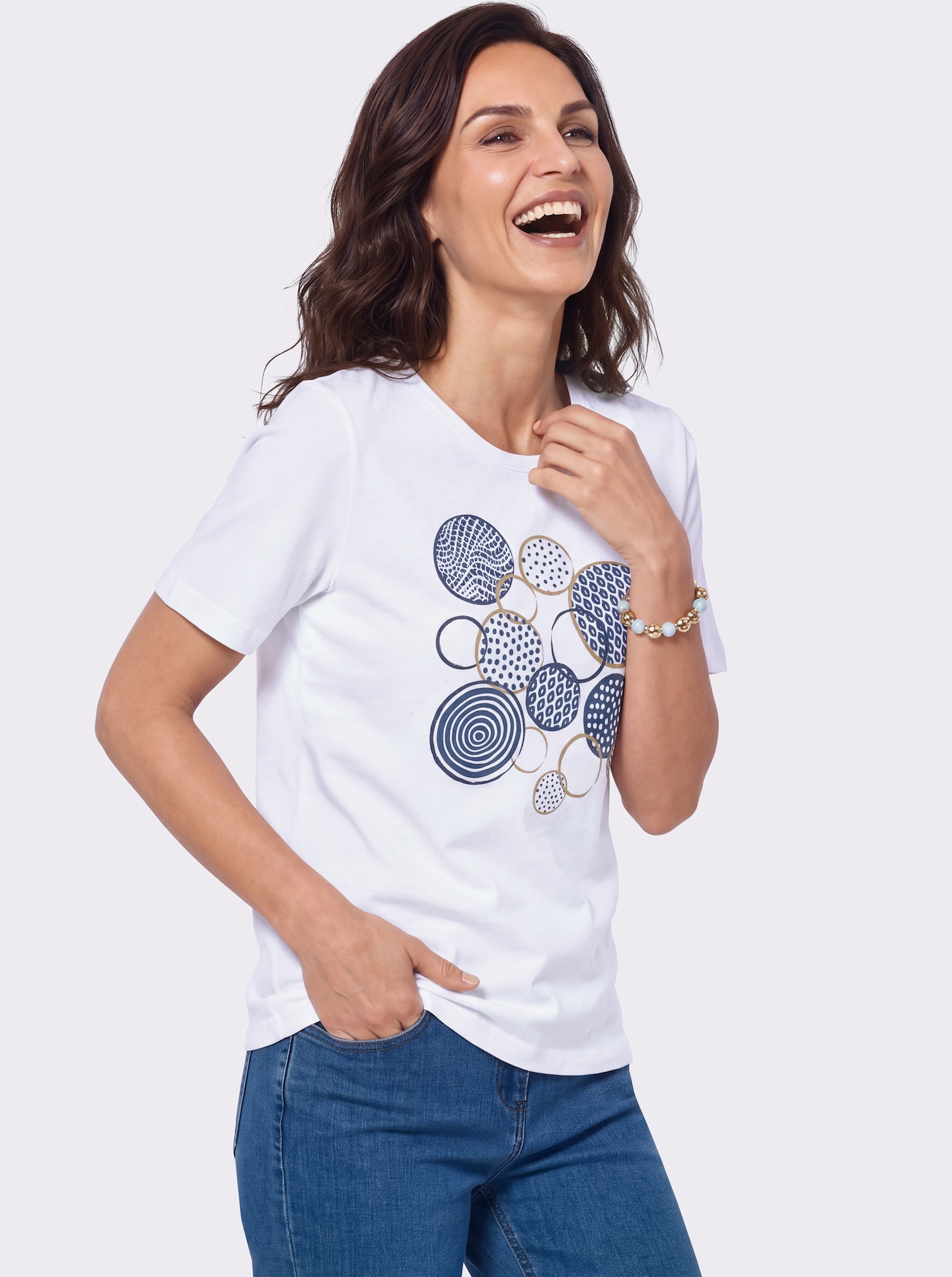 Kurzarmshirt mit platziertem Front-Druck - weiß-jeansblau-bedruckt