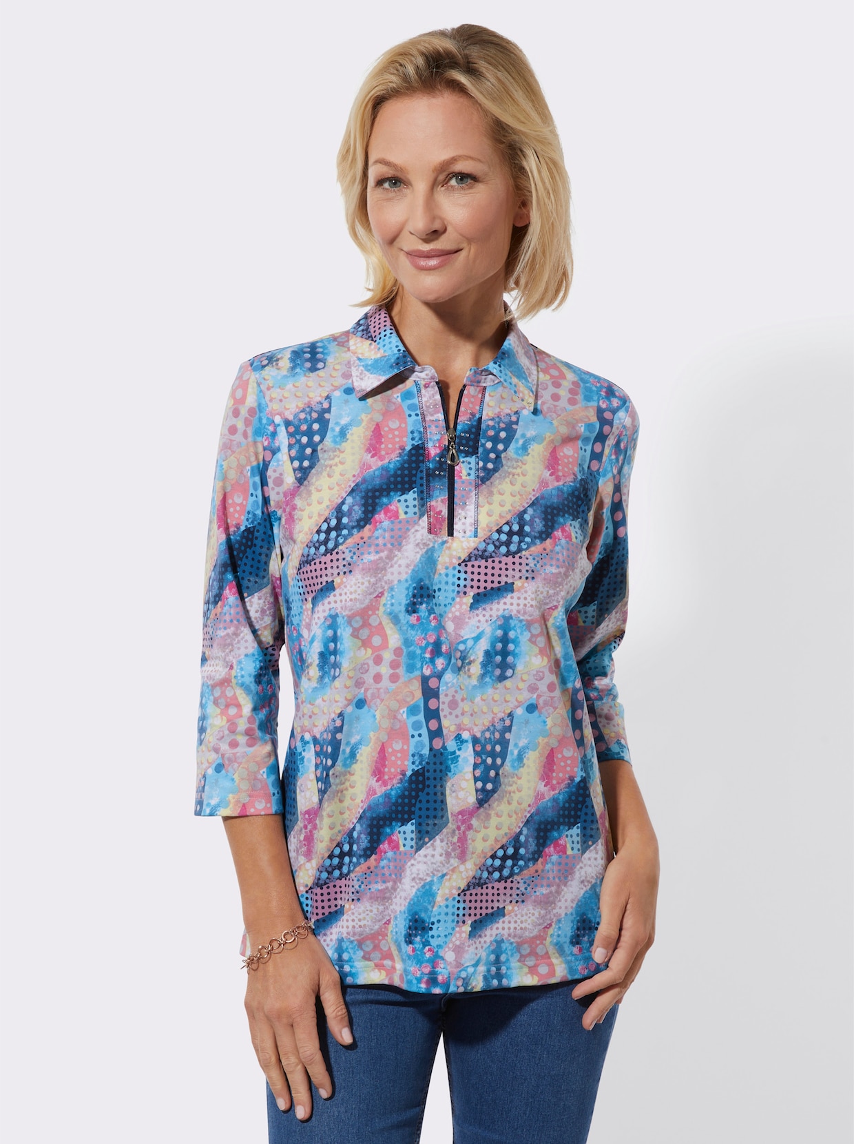 Poloshirt - marine-altrosa-bedruckt
