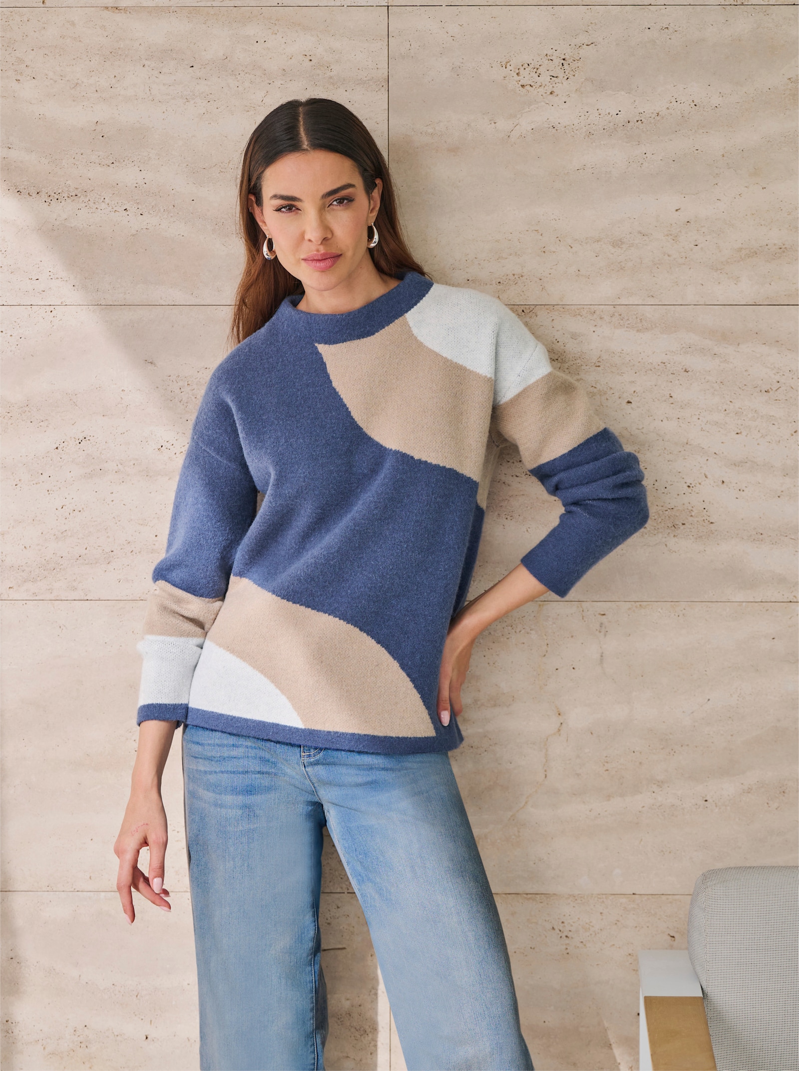 heine Pullover van jacquard met oversized schouders - ecru/rookblauw gedessineerd