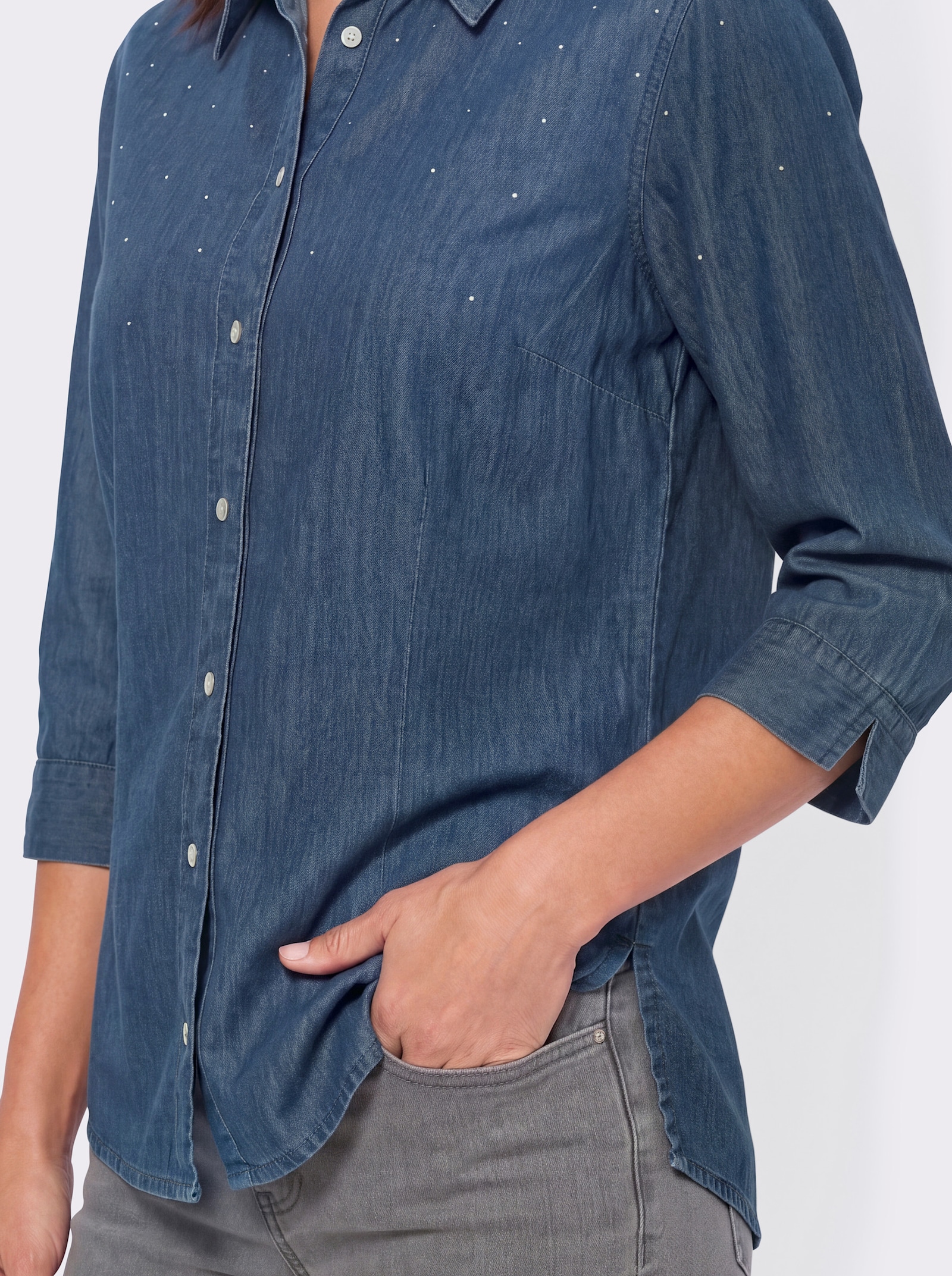Jeansbluse mit Glitzersteinchen - blue-bleached