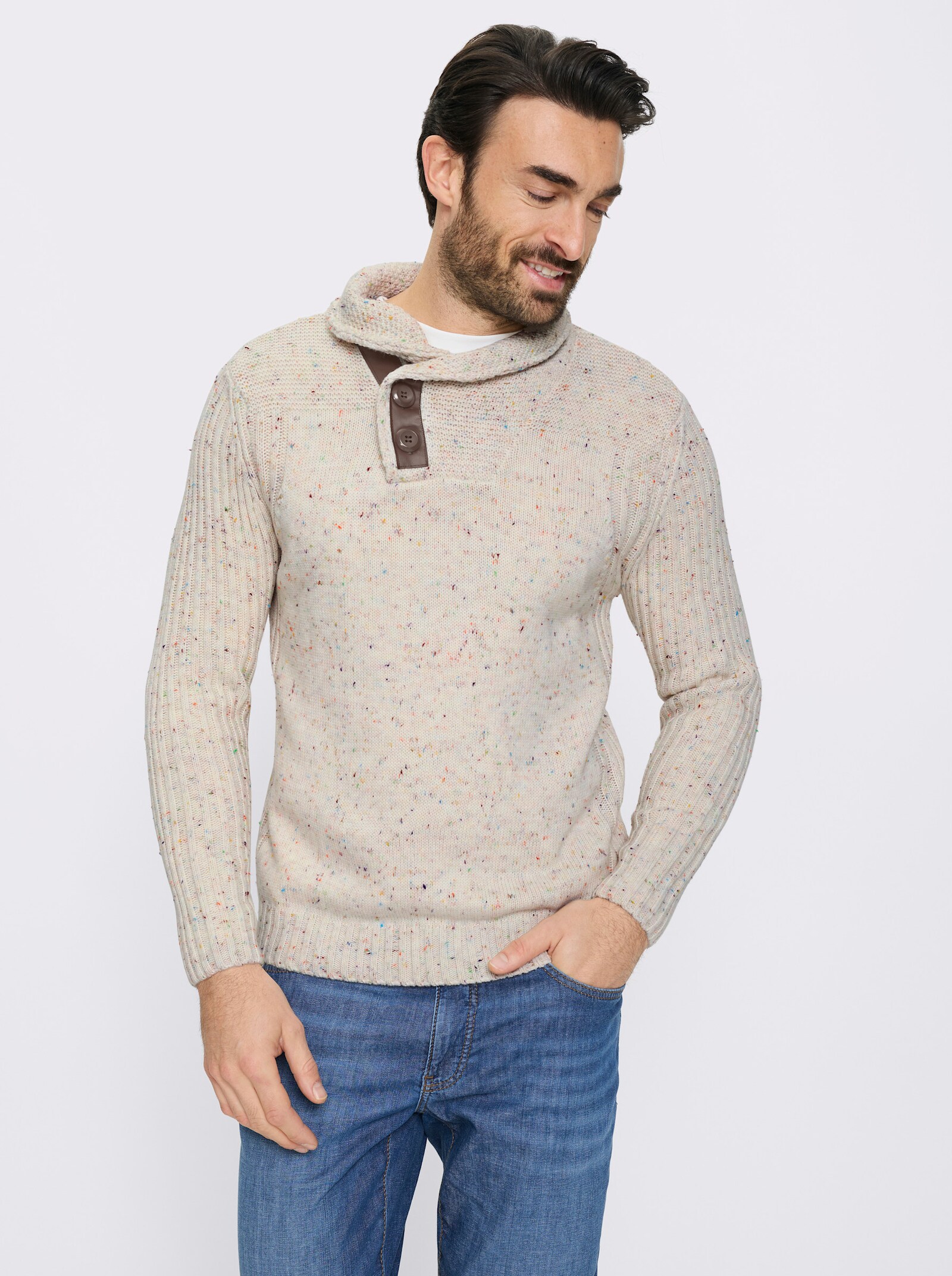 Marco Donati Schalkragenpullover mit Leder-Imitat-Besatz - ecru-gemustert