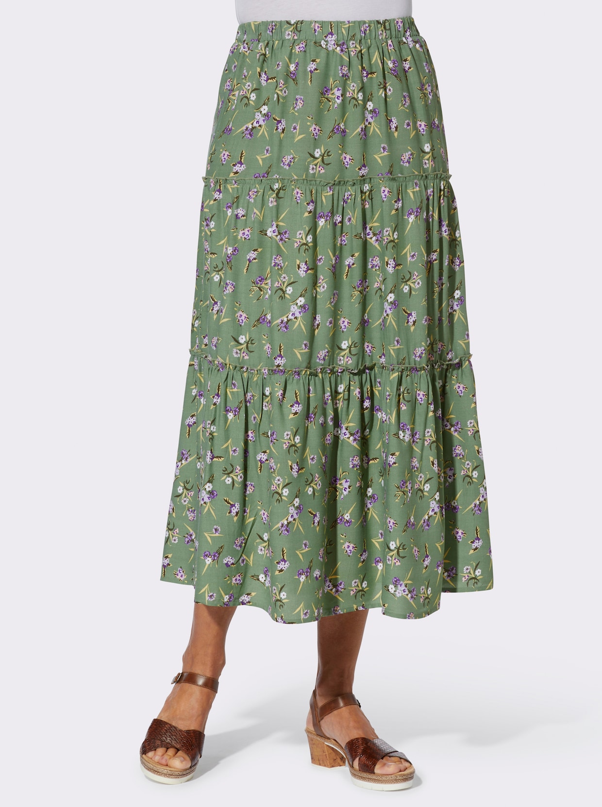 Volánová sukňa - eukalyptová-fialová potlač