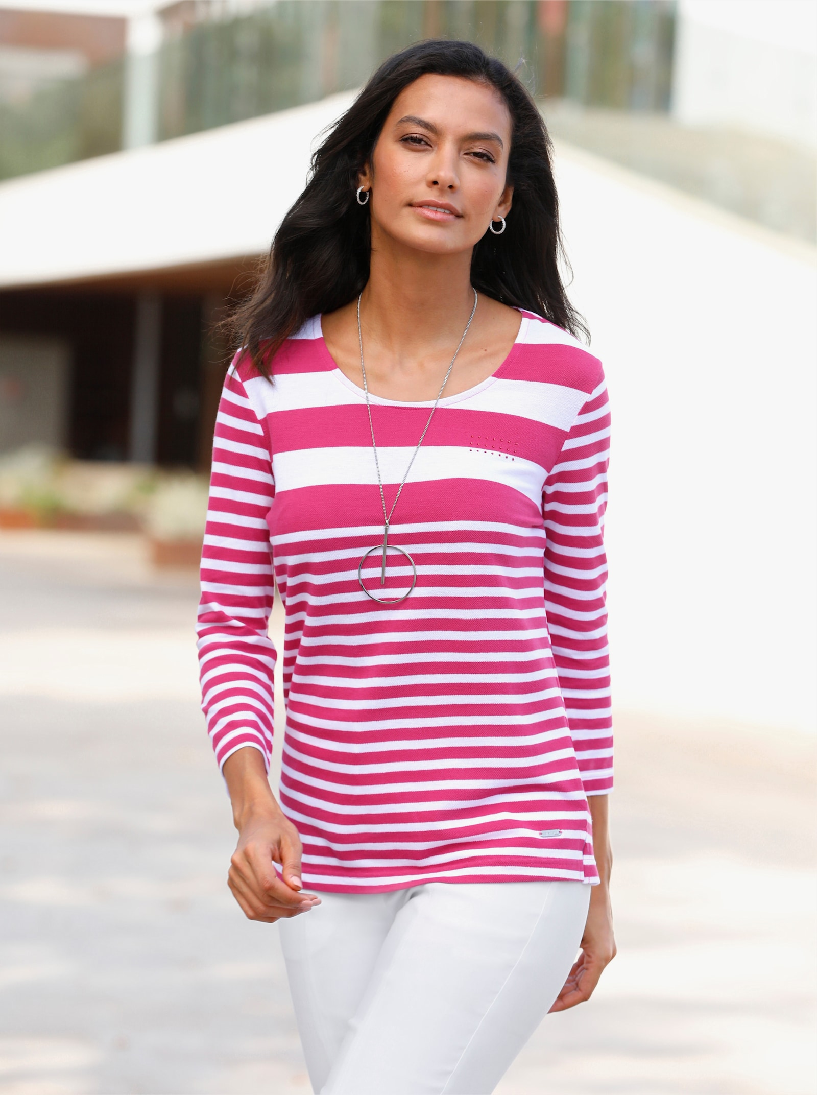 Ringelshirt mit Metallplättchen vorne - fuchsia-weiss-geringelt