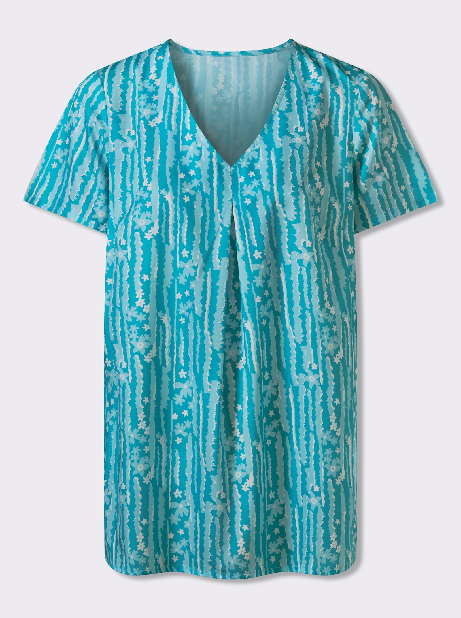 Tunika in ausgestellter Schlupfform - türkis-ecru-bedruckt
