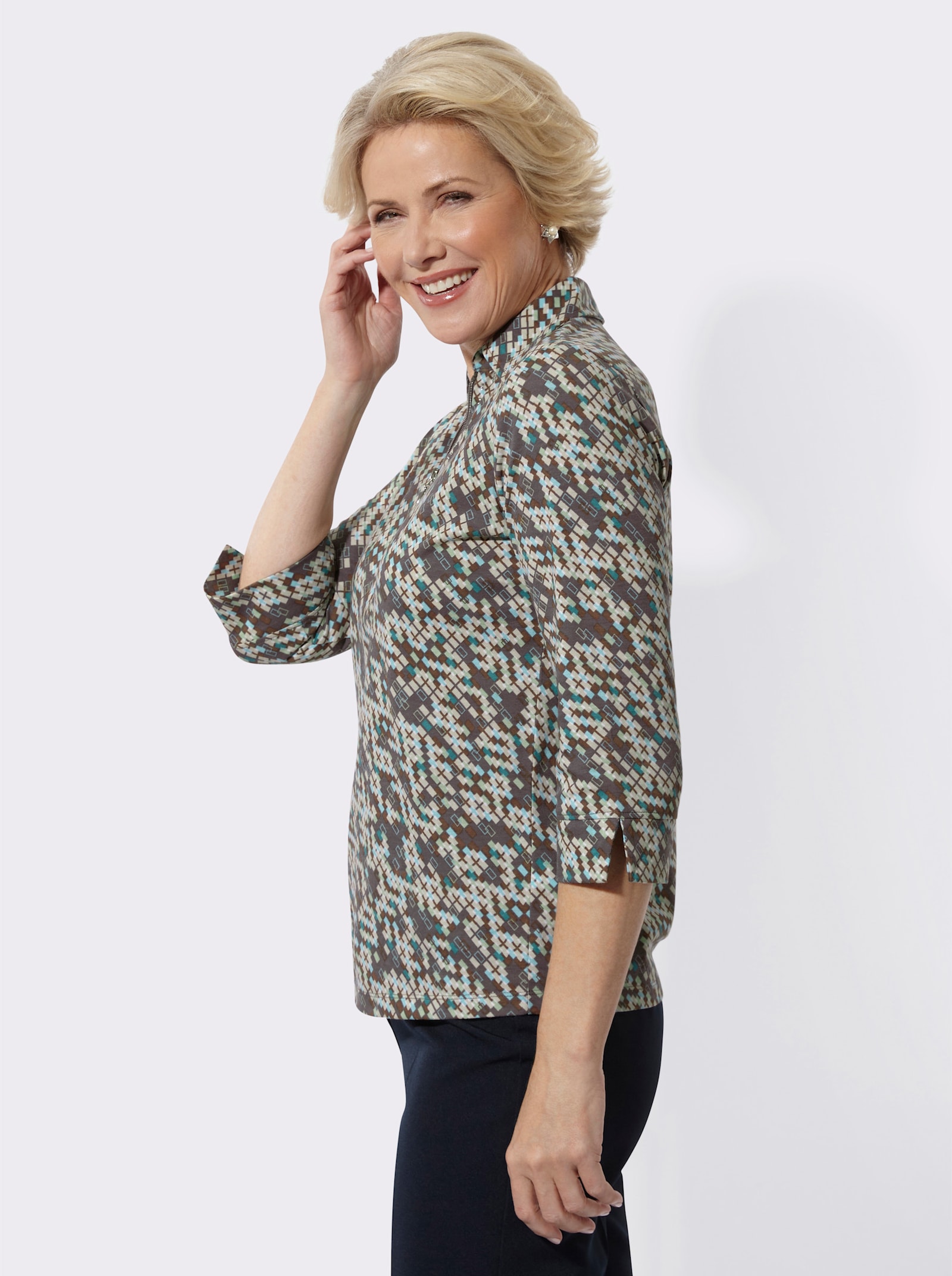 Poloshirt mit Glitzersteinchen - topas-ecru-bedruckt