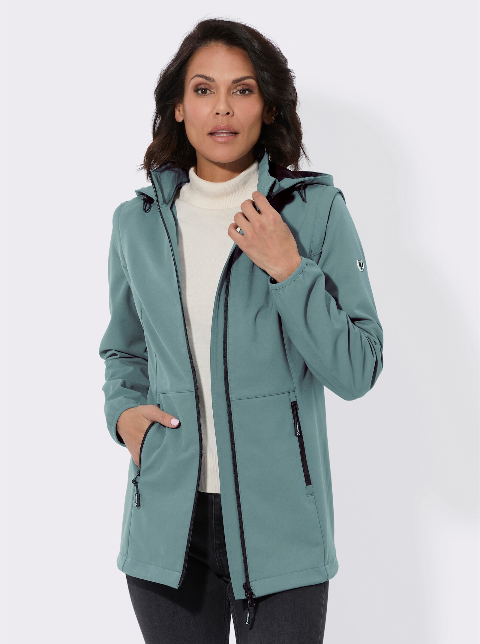 Softshelljacke mit weitenregulierbarer Kapuze - jade