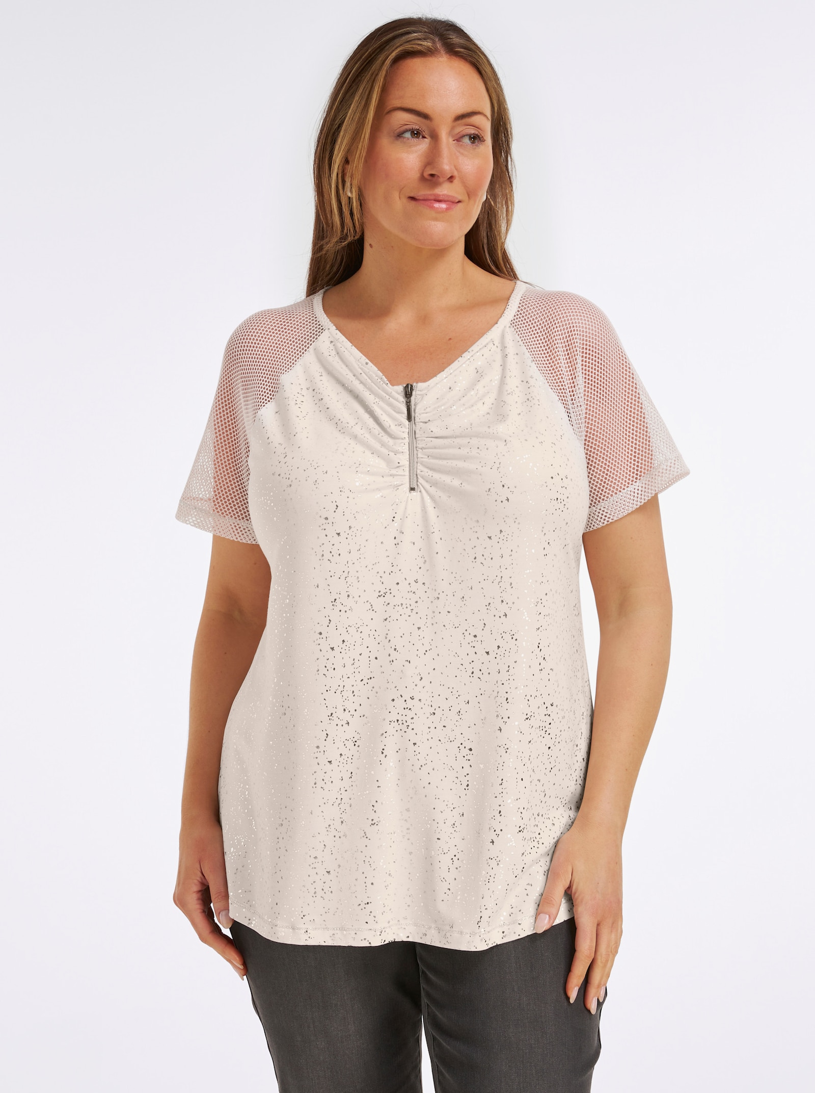 Kurzarmshirt mit glänzendem Folienprint - champagner-silberfarben-bedruckt