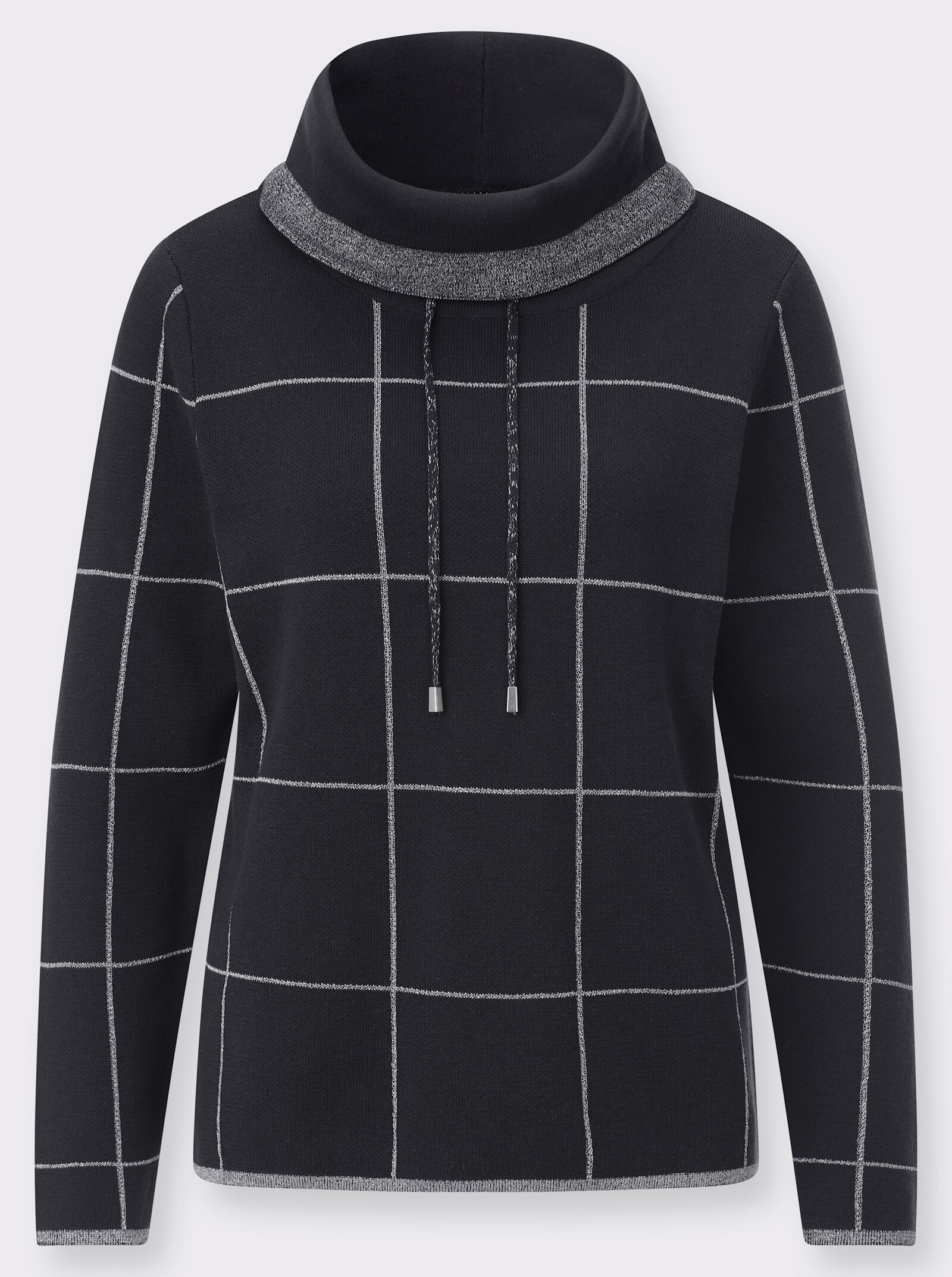 Jacquard-Pullover mit weitenregulierbarem Rollkragen - schwarz-silberfarben