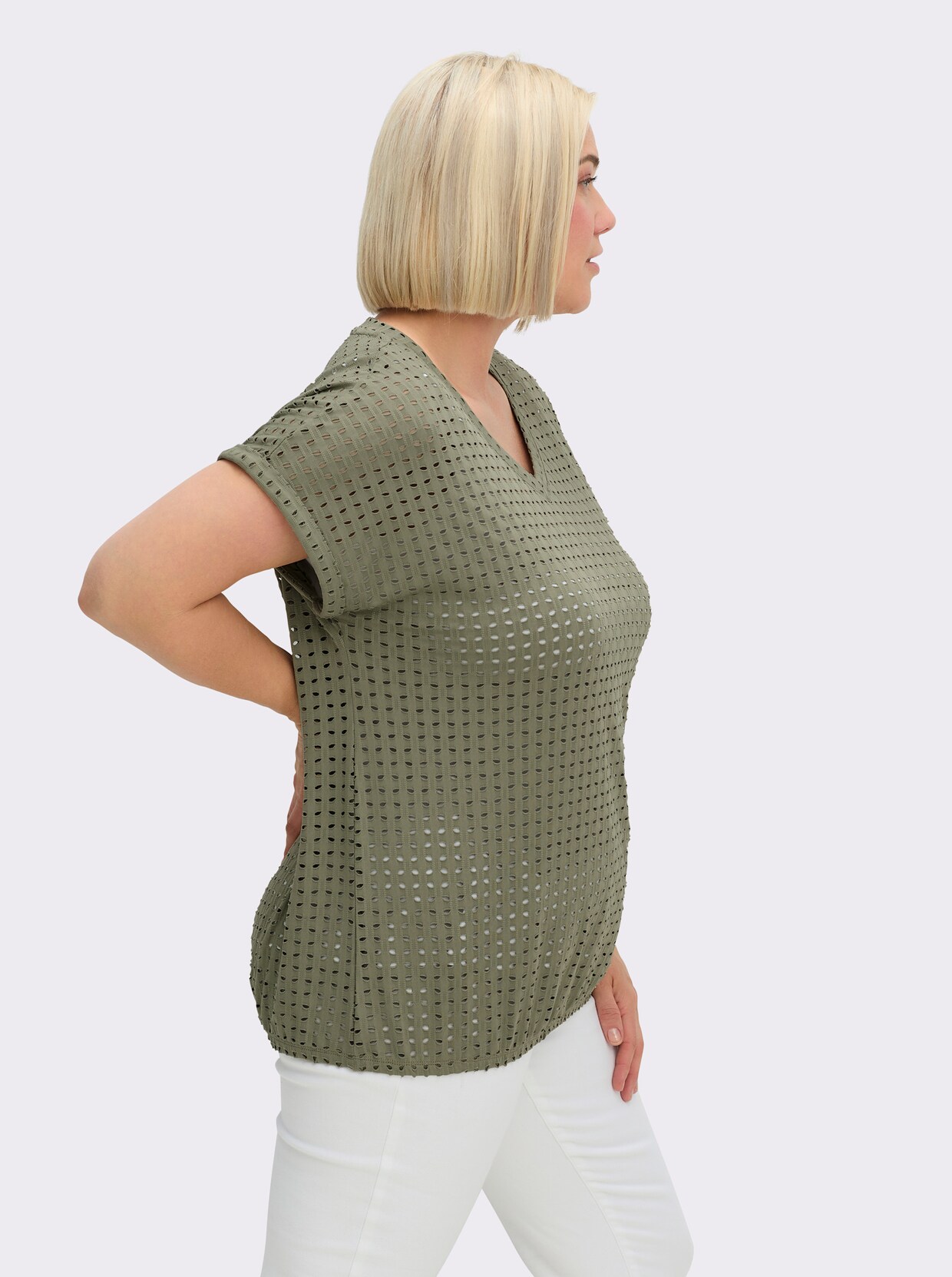 Kurzarmshirt mit Lochmuster - khaki