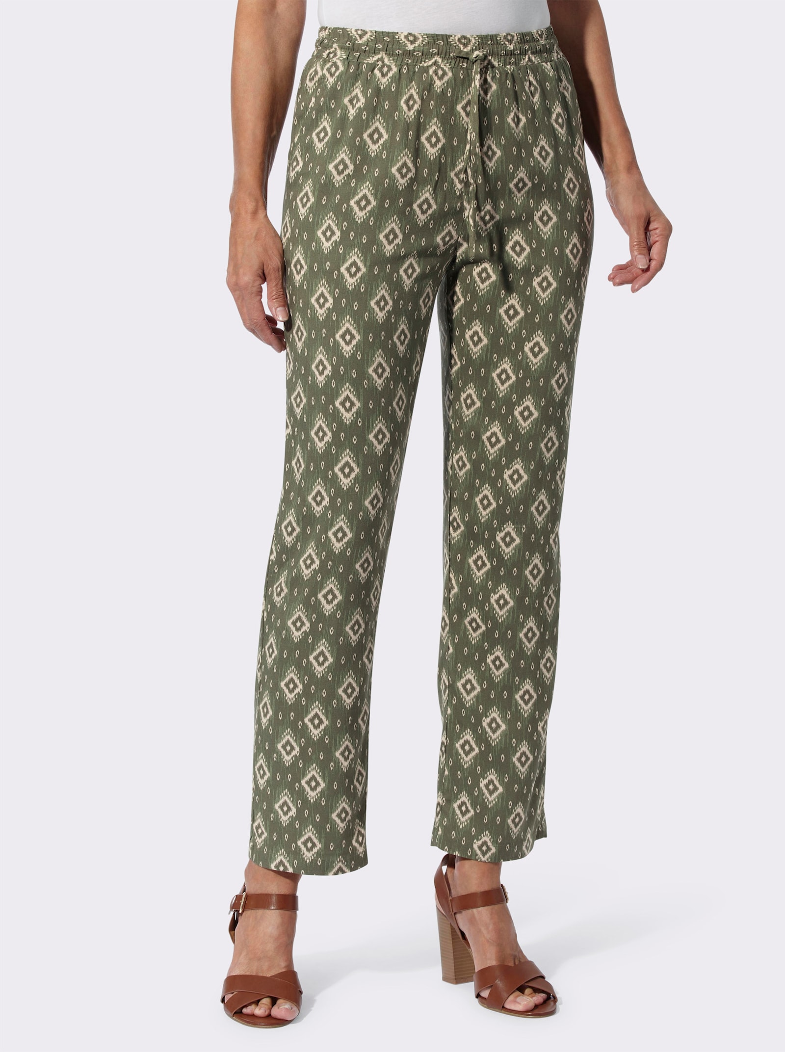 Schlupfhose aus reiner Viskose - khaki-sand-bedruckt