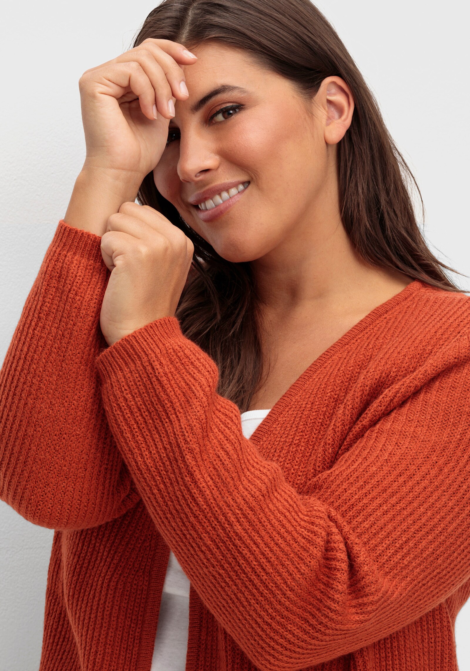 Strickjacke mit gerippten Abschlüssen - rostrot