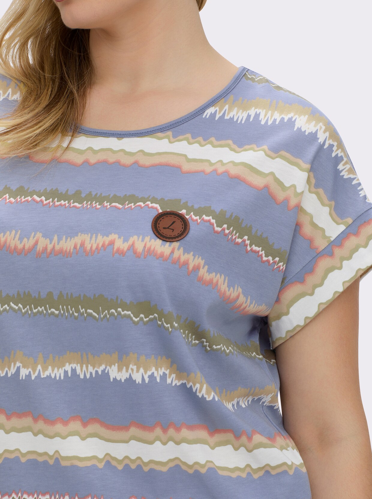 Print-Shirt mit Ziernähten, geringelt - taubenblau-ecru-bedruckt