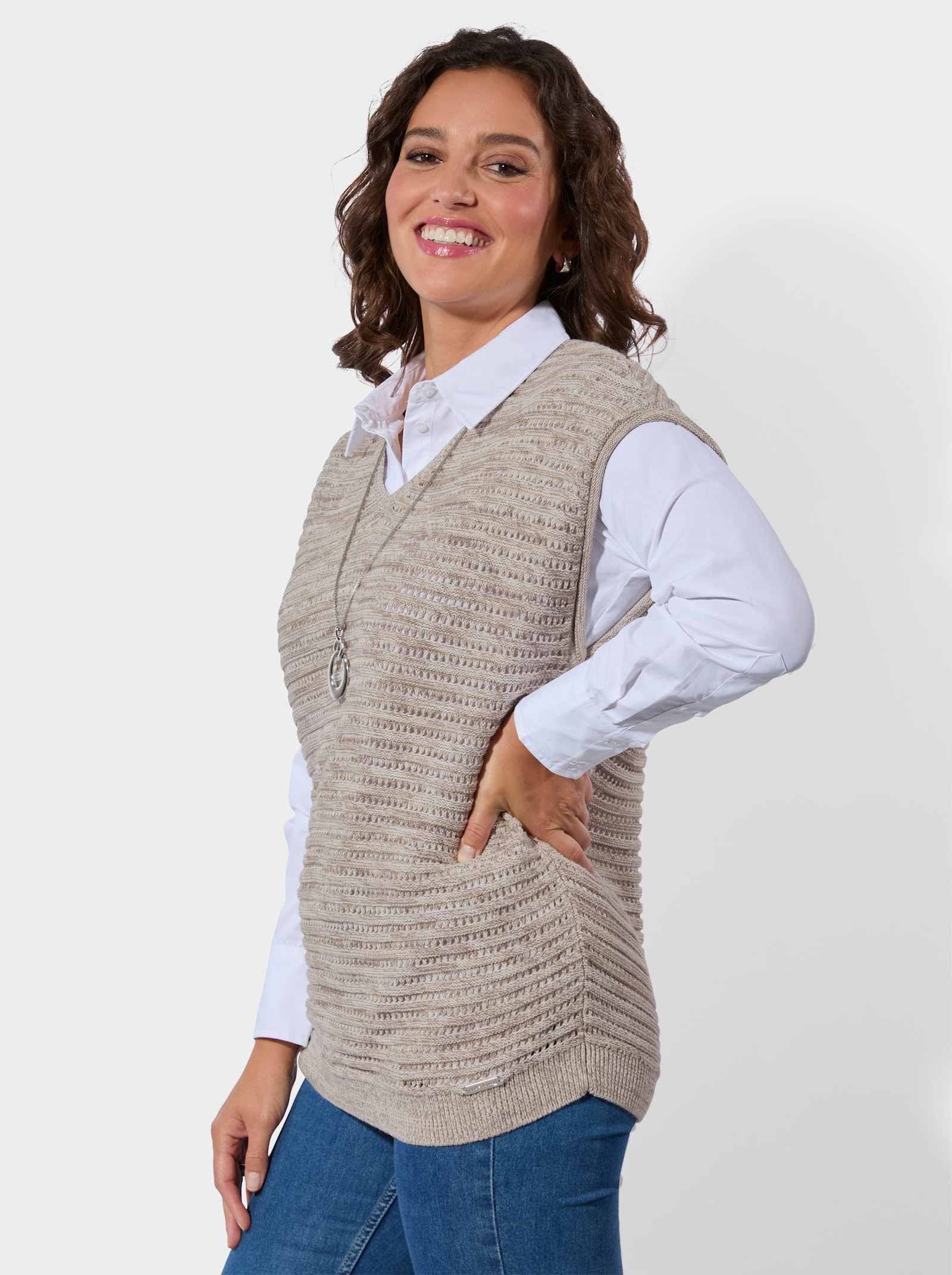 Slip-over met ajourtricotpatroon - zand gemêleerd