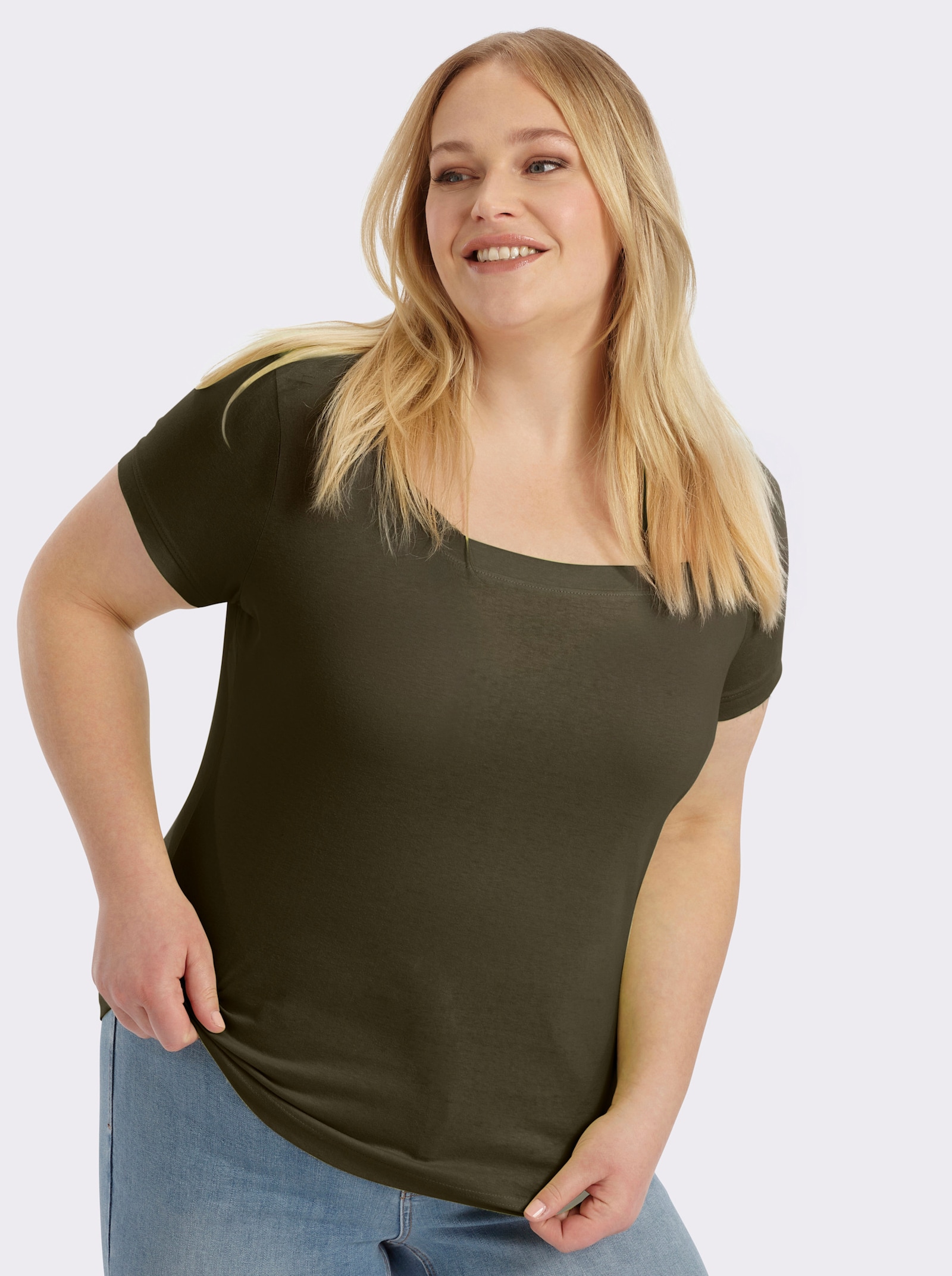 Kurzarmshirt mit Karree-Ausschnitt - oliv