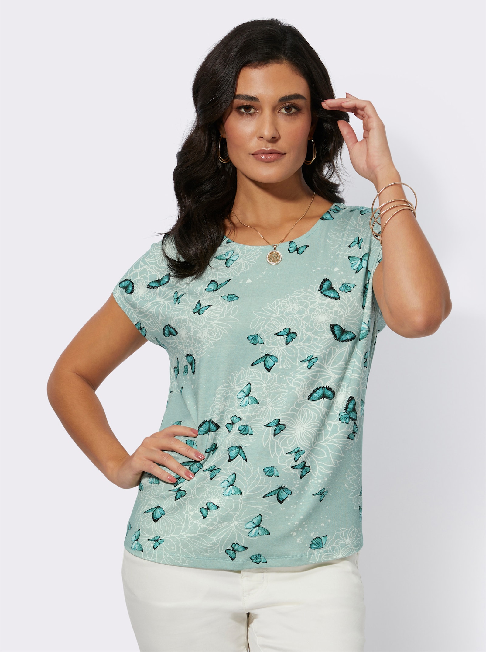 Rundhalsshirt mit Schmetterlings-Dessin - kalkmint-salbei-bedruckt