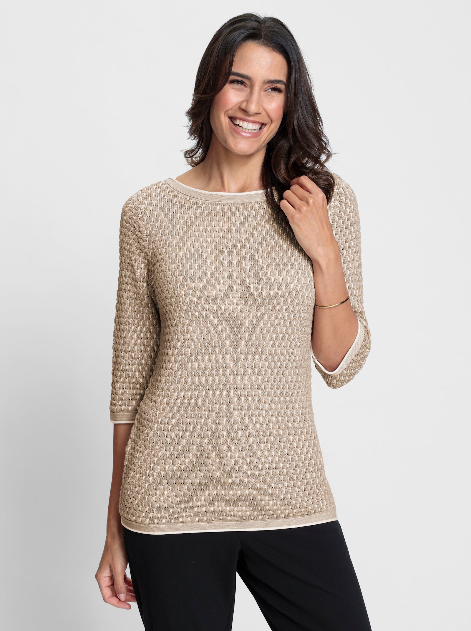 Pull à manches 3/4 au motif structuré - beige-écru à motifs