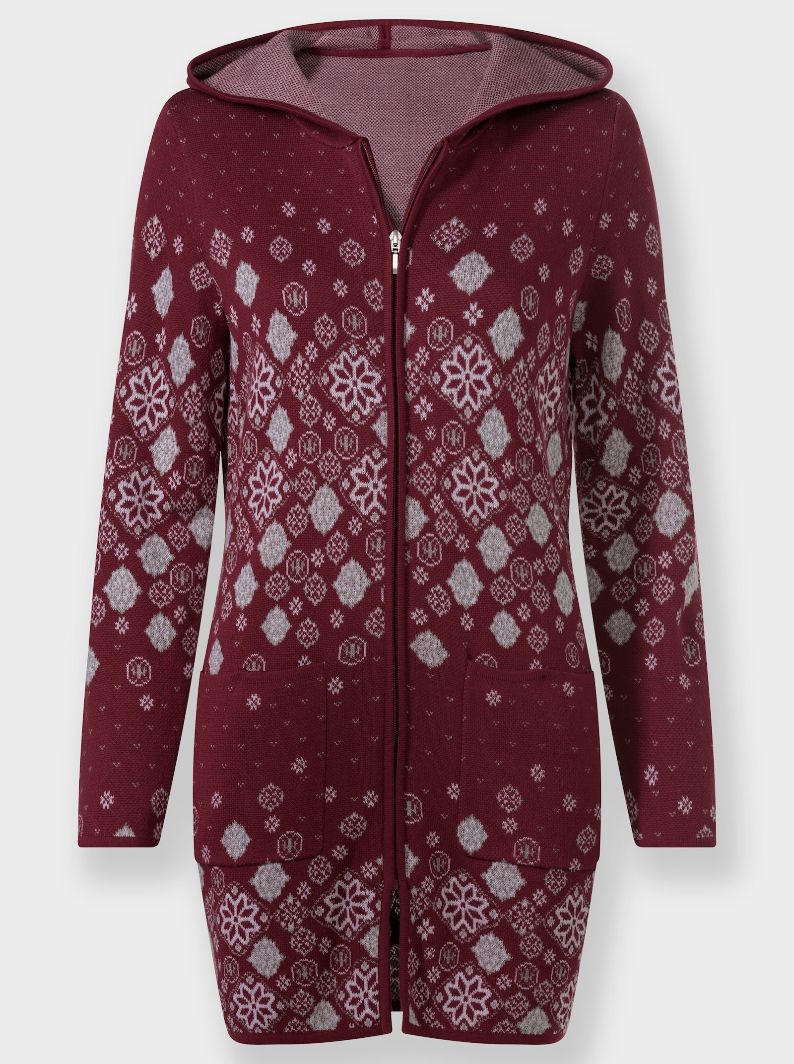 Longstrickjacke mit Jacquard-Strickmuster - dunkelrot-gemustert