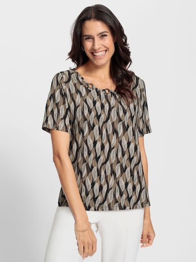 Print-Shirt mit Aussparung, bedruckt - schwarz-sand-bedruckt