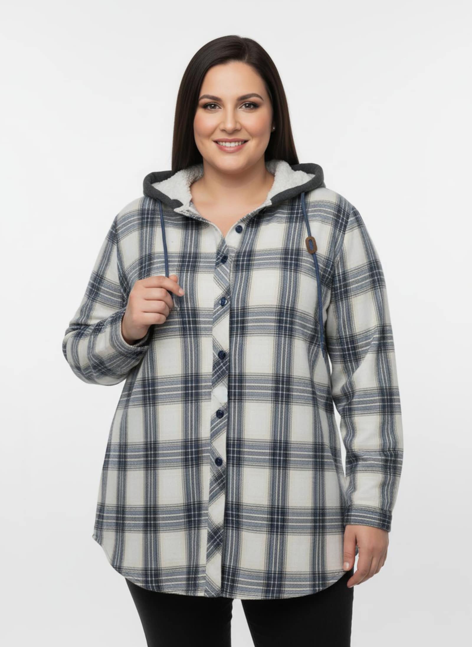 Flanellbluse mit Kapuze - weiß-dunkelblau-kariert