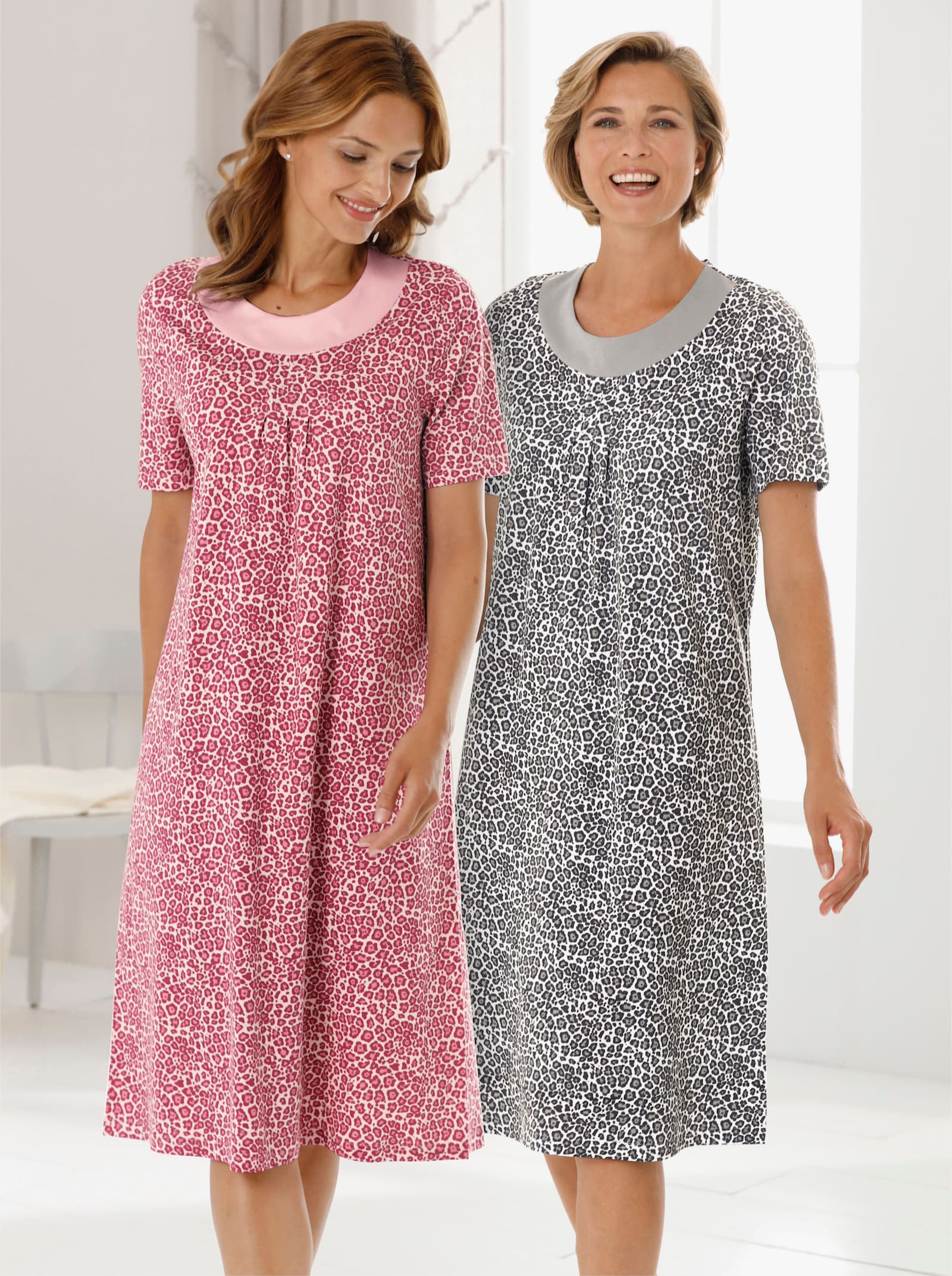 wäschepur Nachthemden im Minimaldessin - weiß-steingrau + hellrosé-altrosa