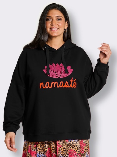 sheego loves miss goodlife Sweat à capuche avec inscription imprimée - noir-fuchsia imprimé
