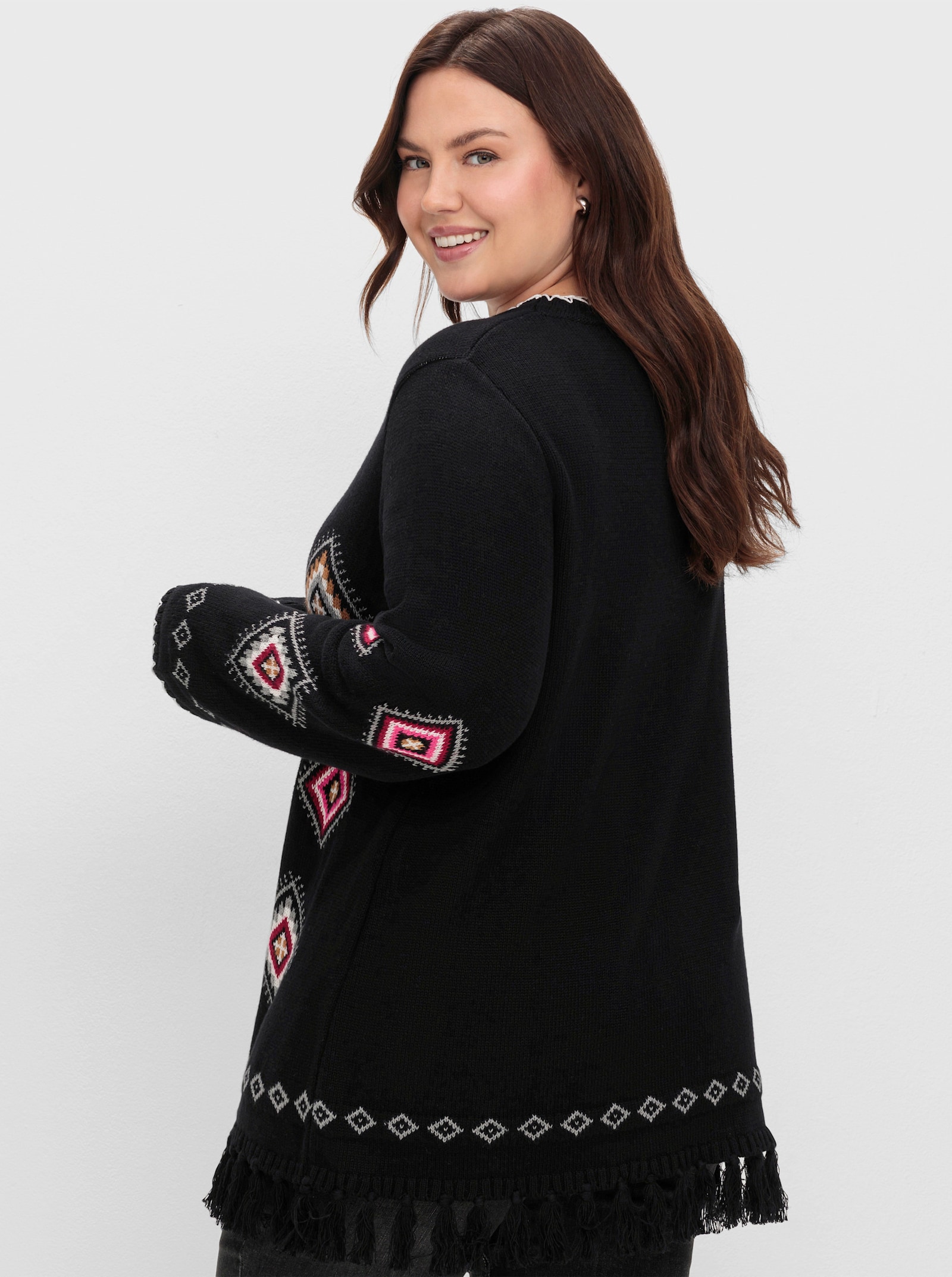 sheego Rundhalspullover mit Ethno-Muster - schwarz-gemustert