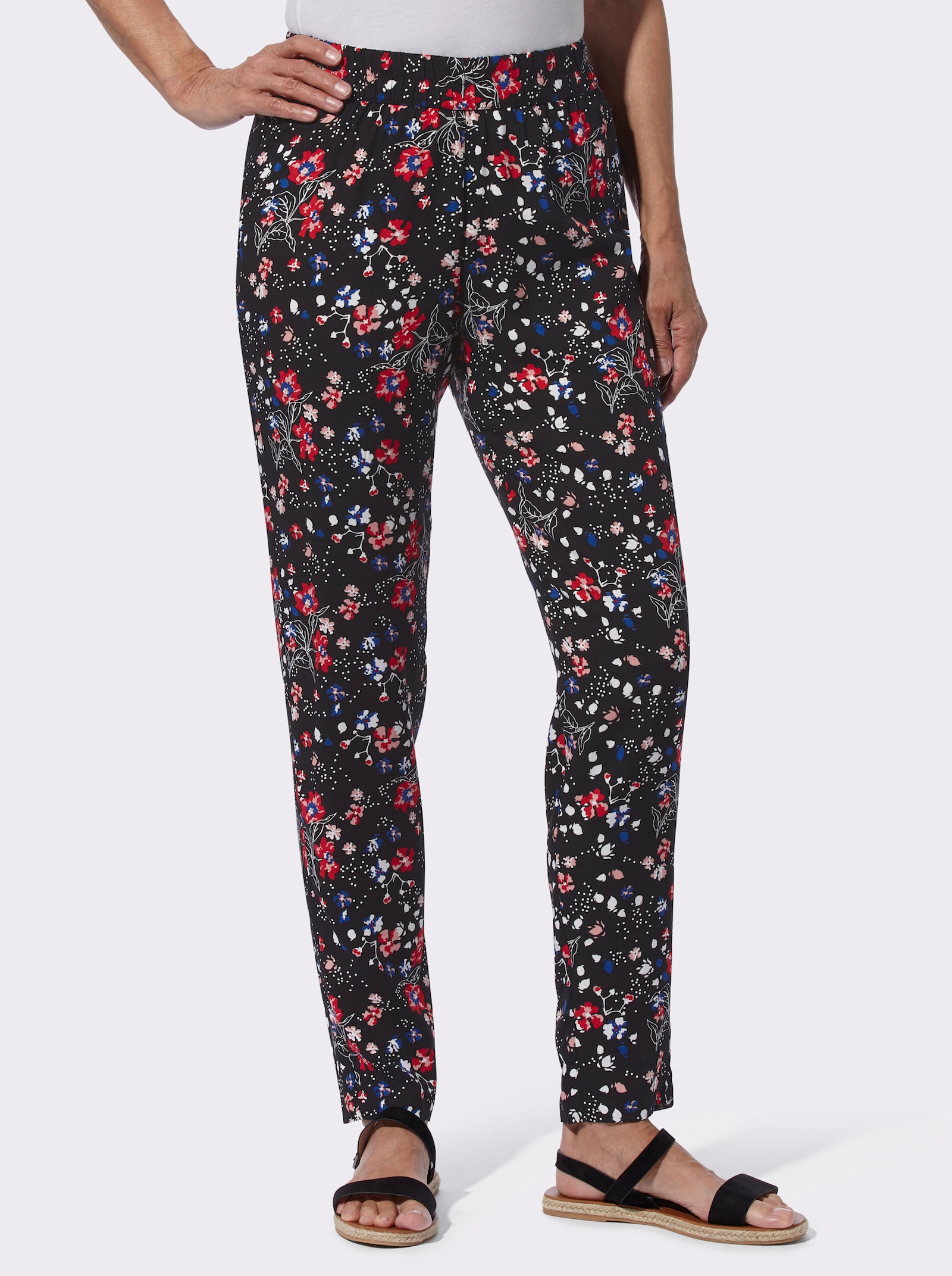 Schlupfhose mit floralem Druck - schwarz-erdbeere-bedruckt