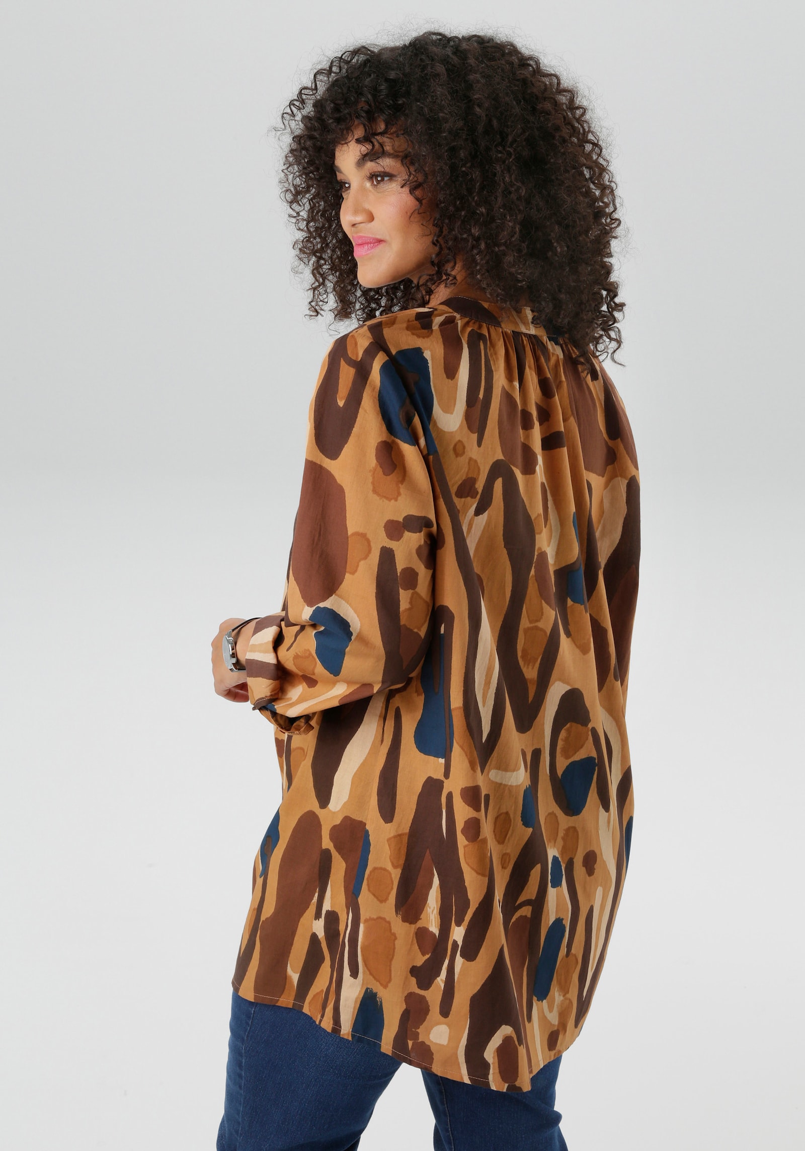 Aniston PLUS Longbluse - beige-blau-braun