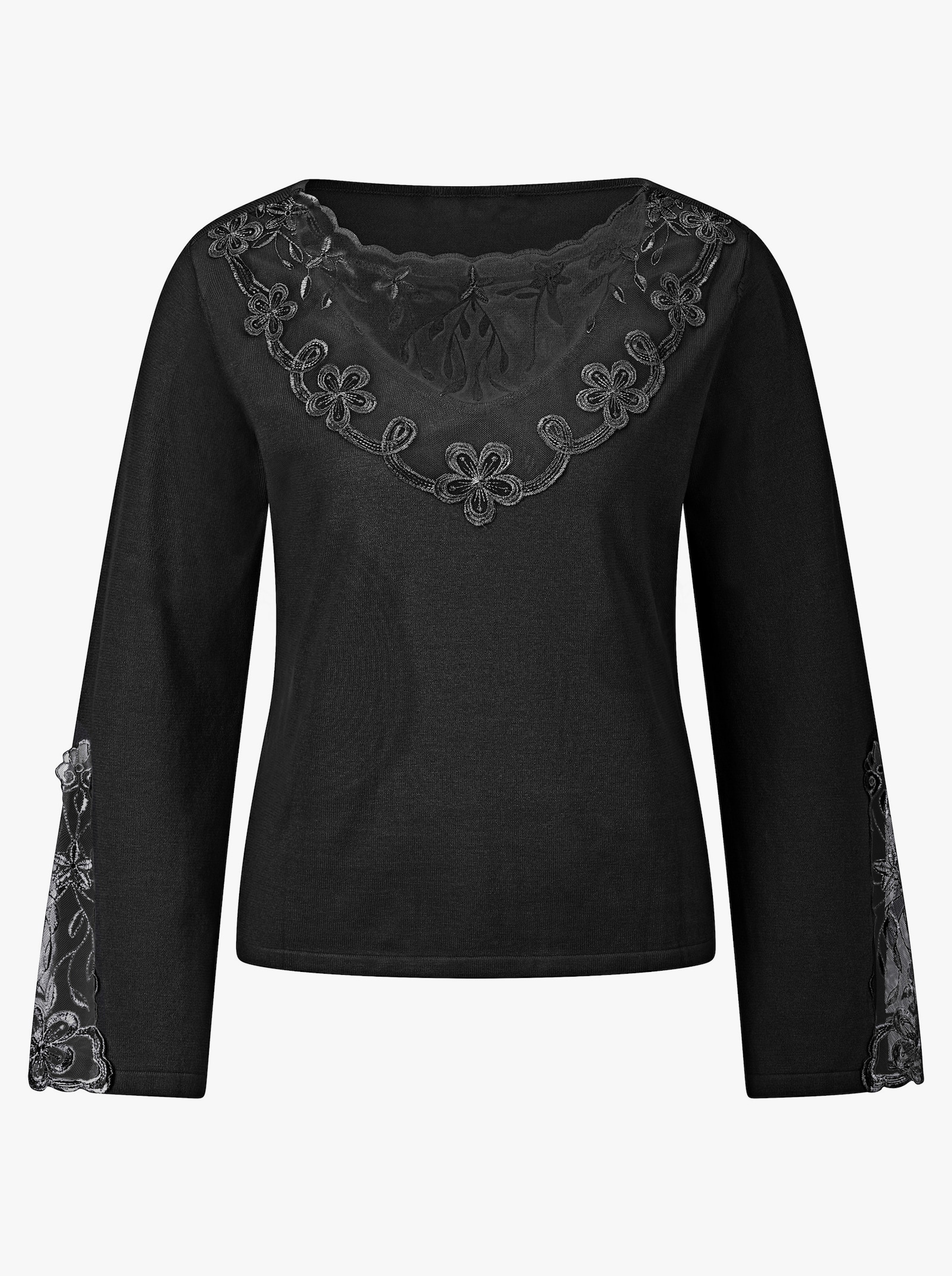 Feinstrickpullover mit Spitzen-Details - schwarz