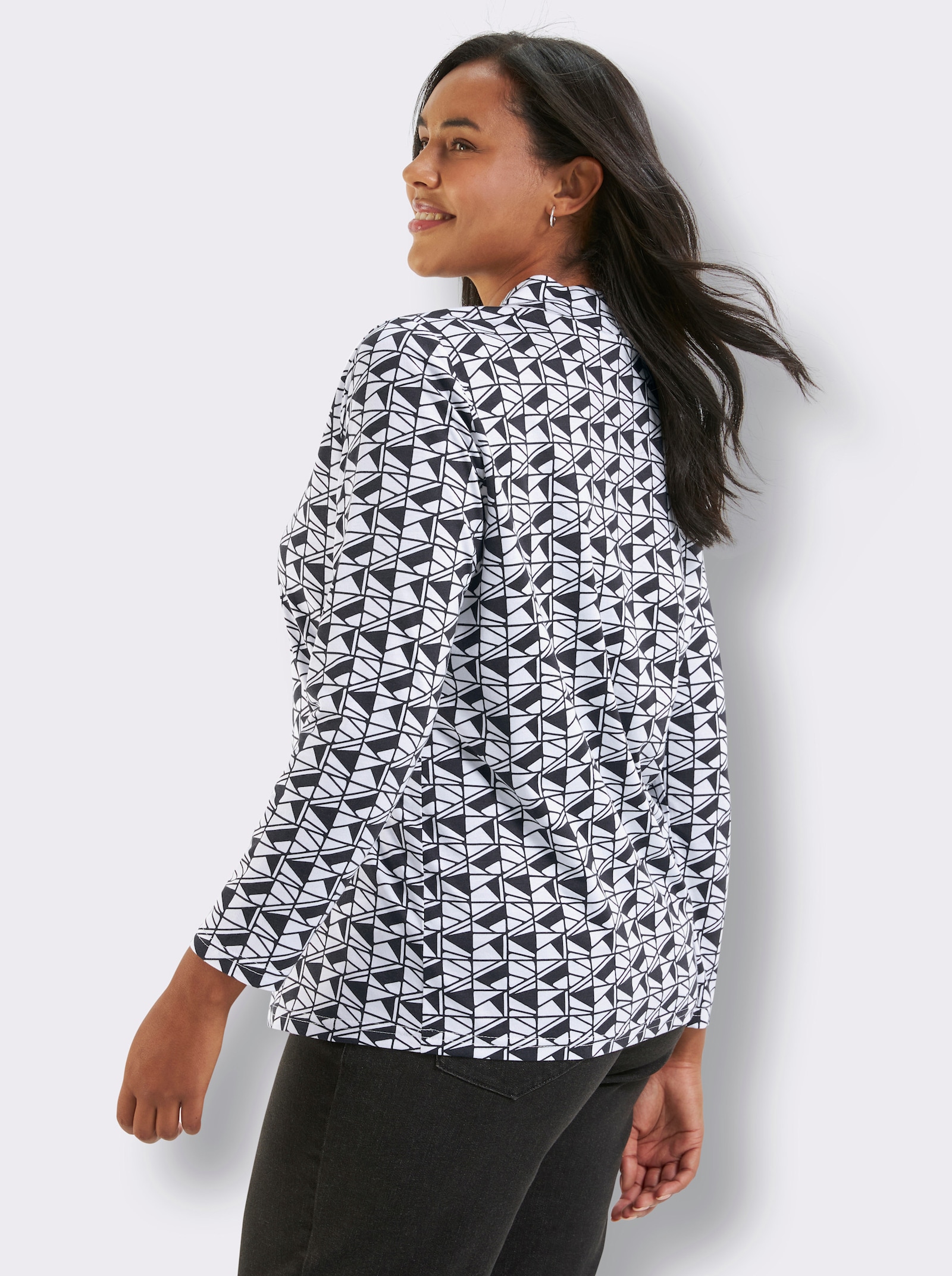 Stehkragenshirt mit Grafikdruck - schwarz-weiß-bedruckt