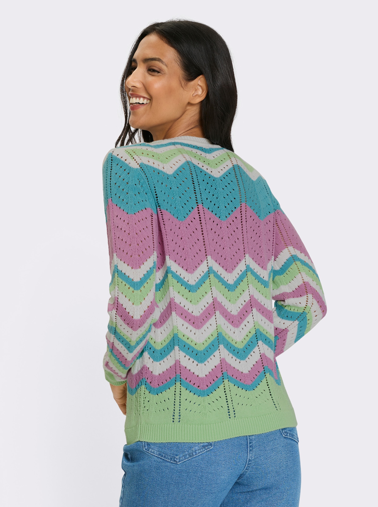 Ajourpullover im gewellten Streifen-Dessin - ecru-ozean-gemustert