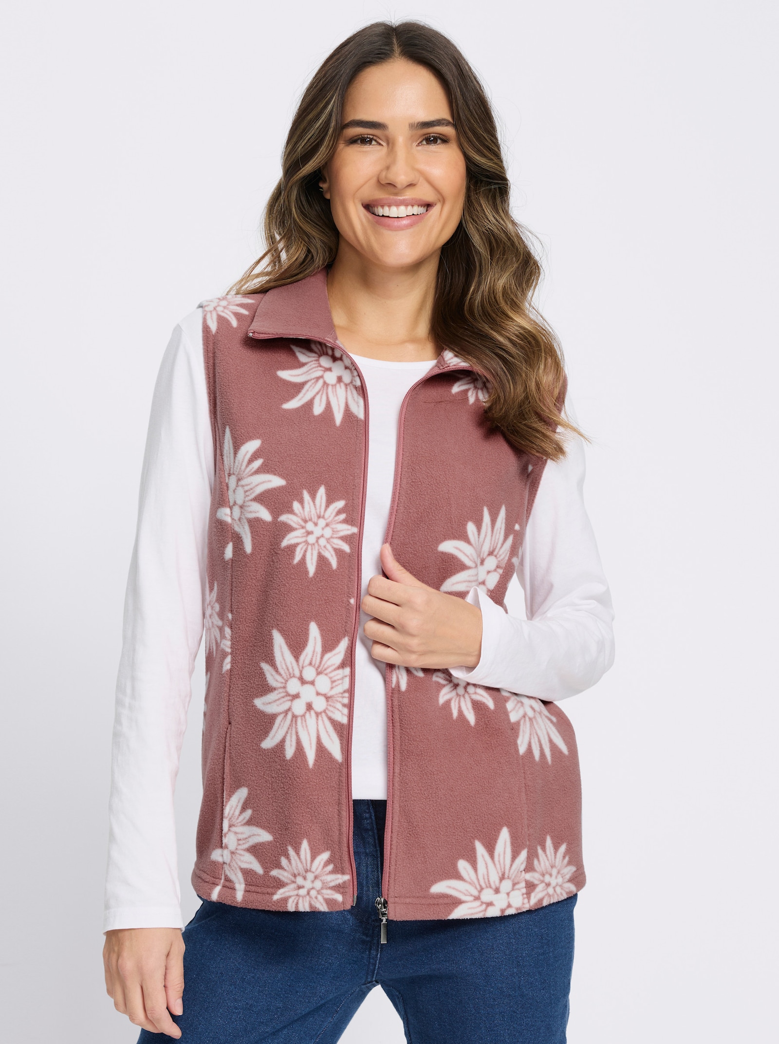 Fleeceweste mit Edelweiß-Motiven - rosenholz-ecru-bedruckt