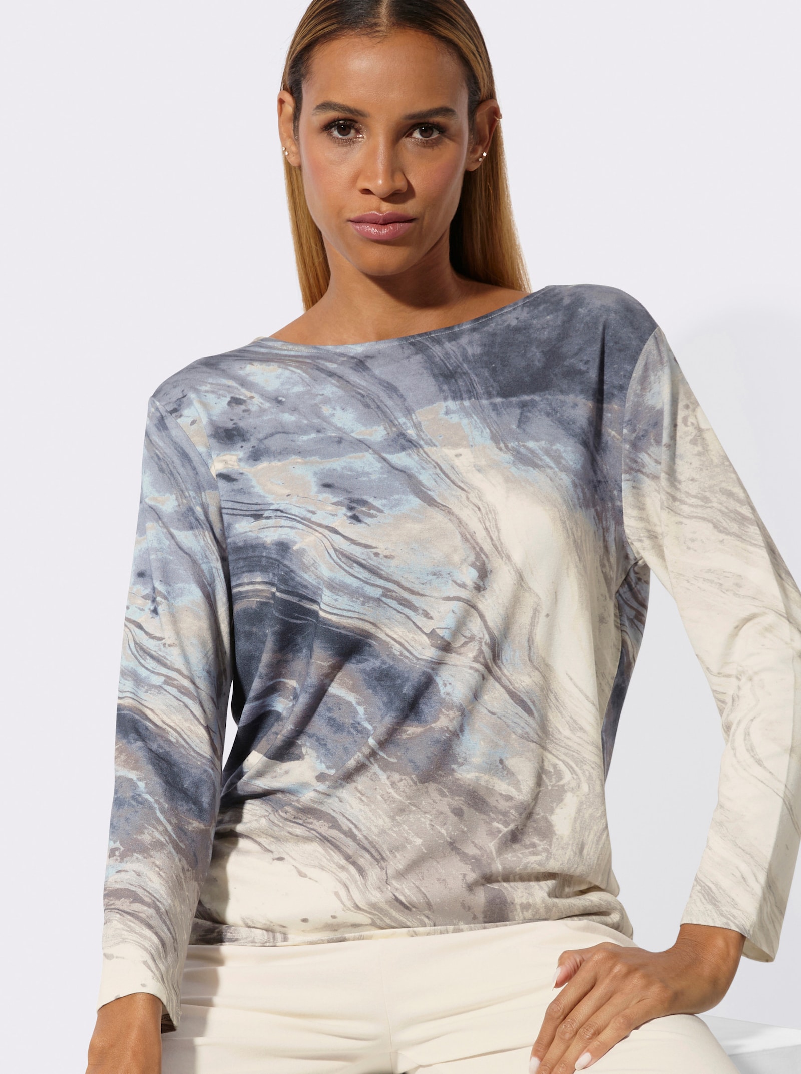 wäschepur Schlafanzug mit Taschen bei der Hose - champagner-rauchblau-bedruckt