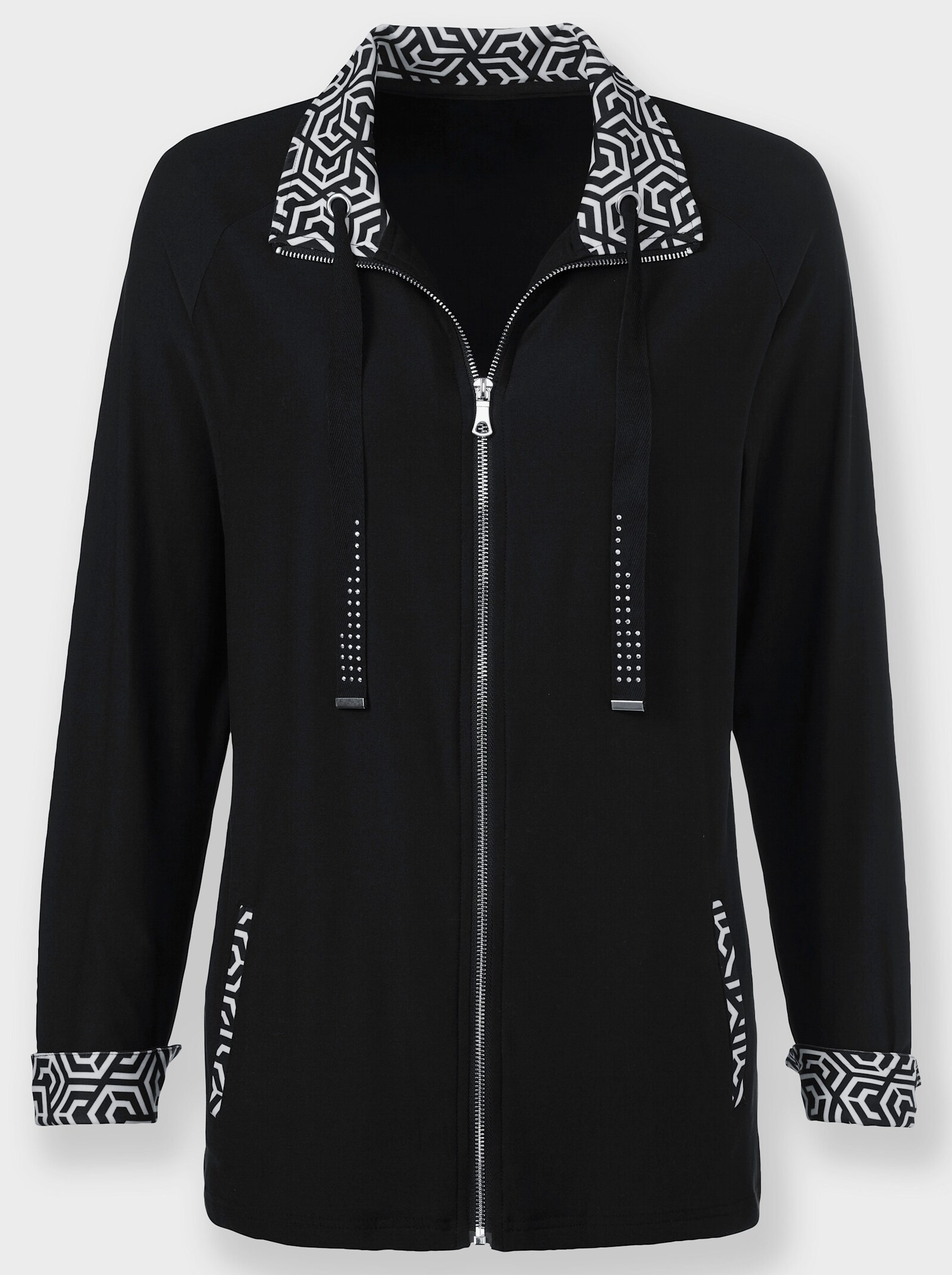 Shirtjacke mit grafisch bedruckten Blenden - schwarz