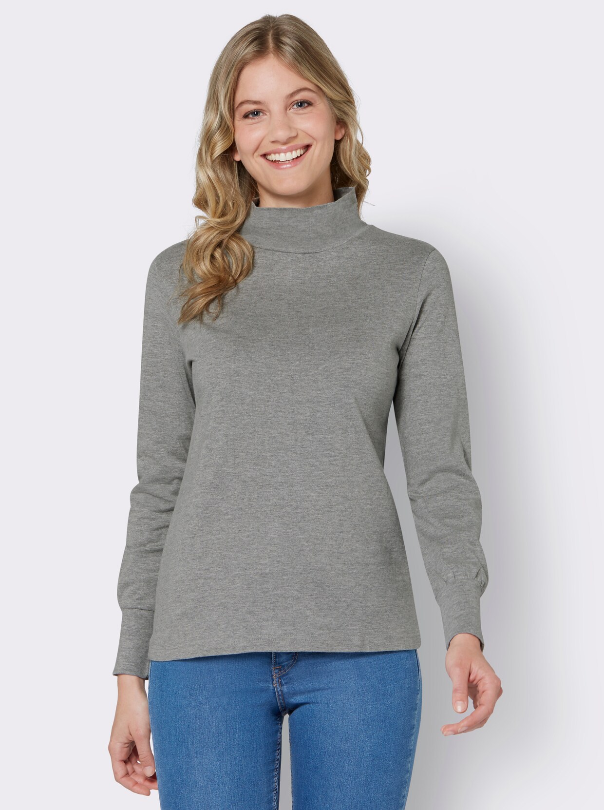 Stehkragenshirt - steingrau-meliert