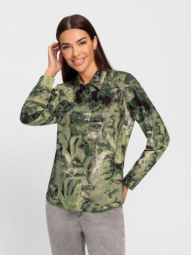 heine Hemdbluse mit leichtem Glanz - khaki-lindgrün-bedruckt