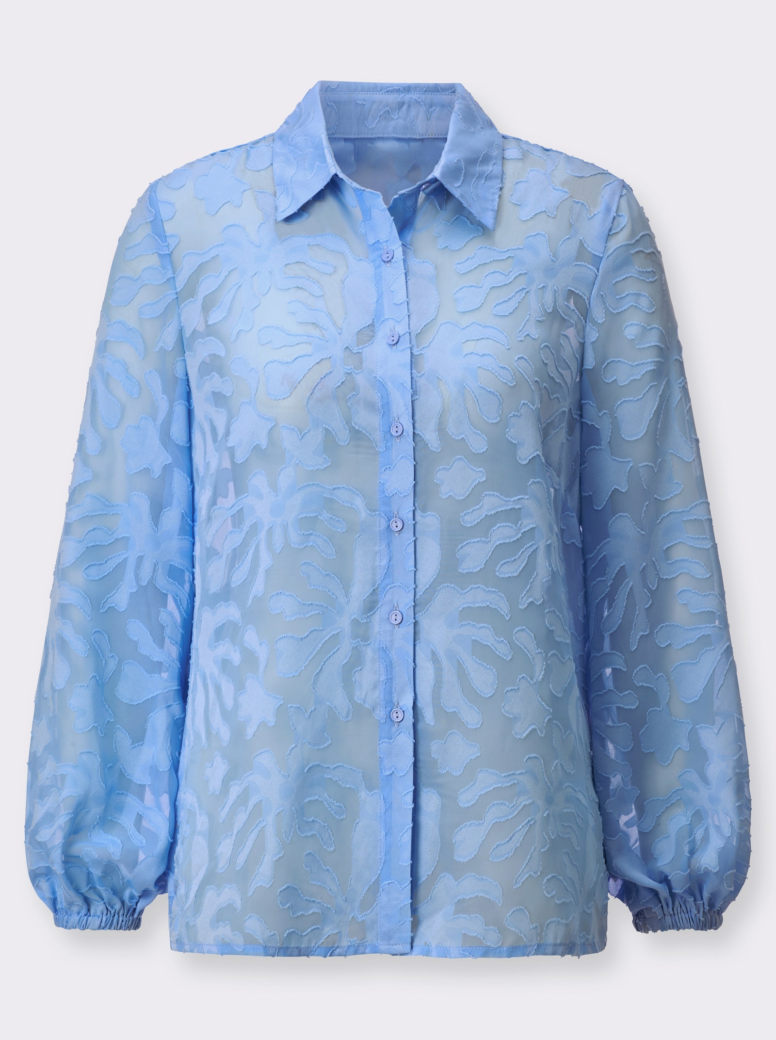 Blouse met lange mouwen van subtiel transparant materiaal - ijsblauw gedessineerd