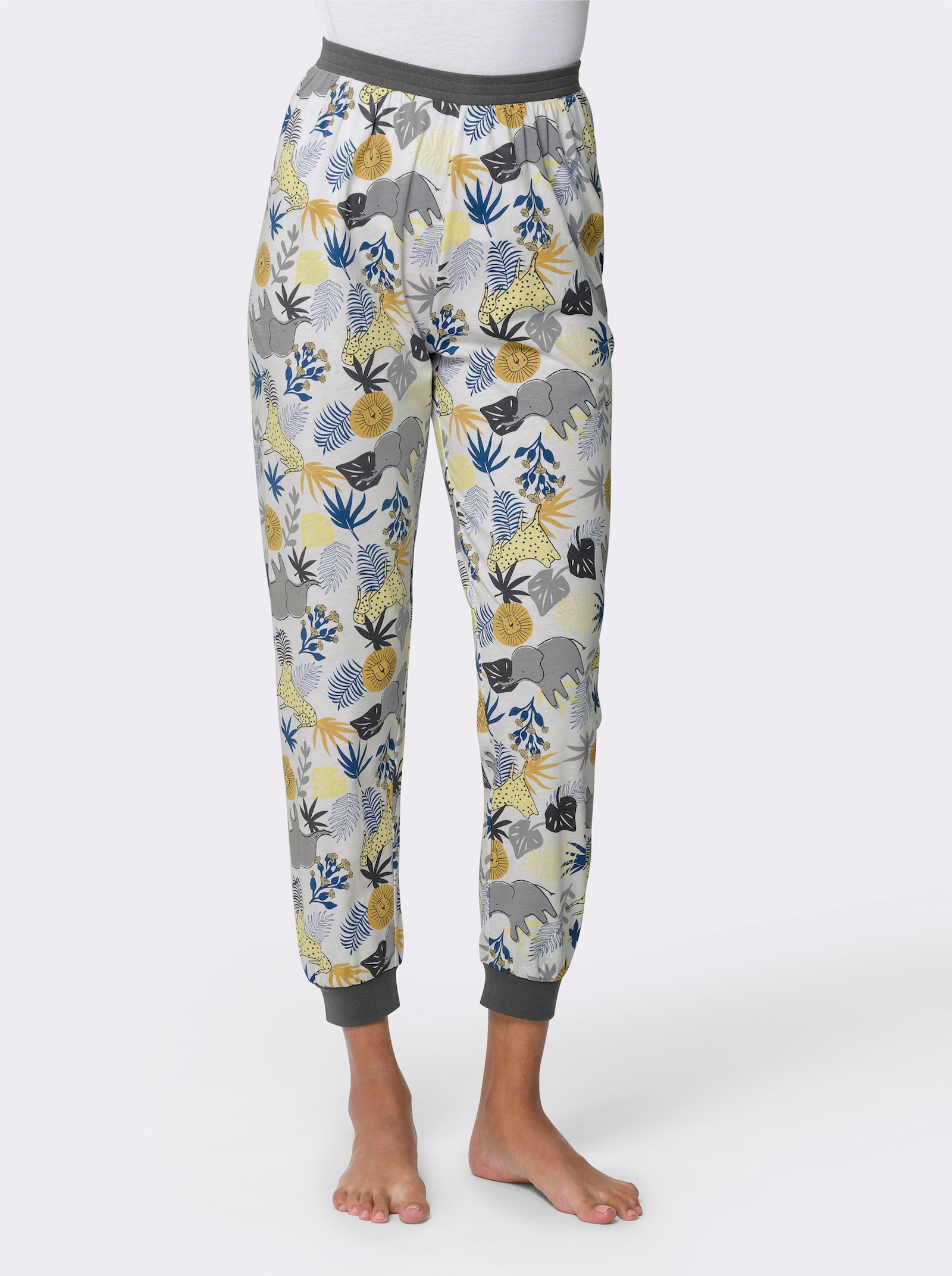 Schlafanzughose mit elastischen Kontrast-Bündchen - ecru-zitrone-bedruckt