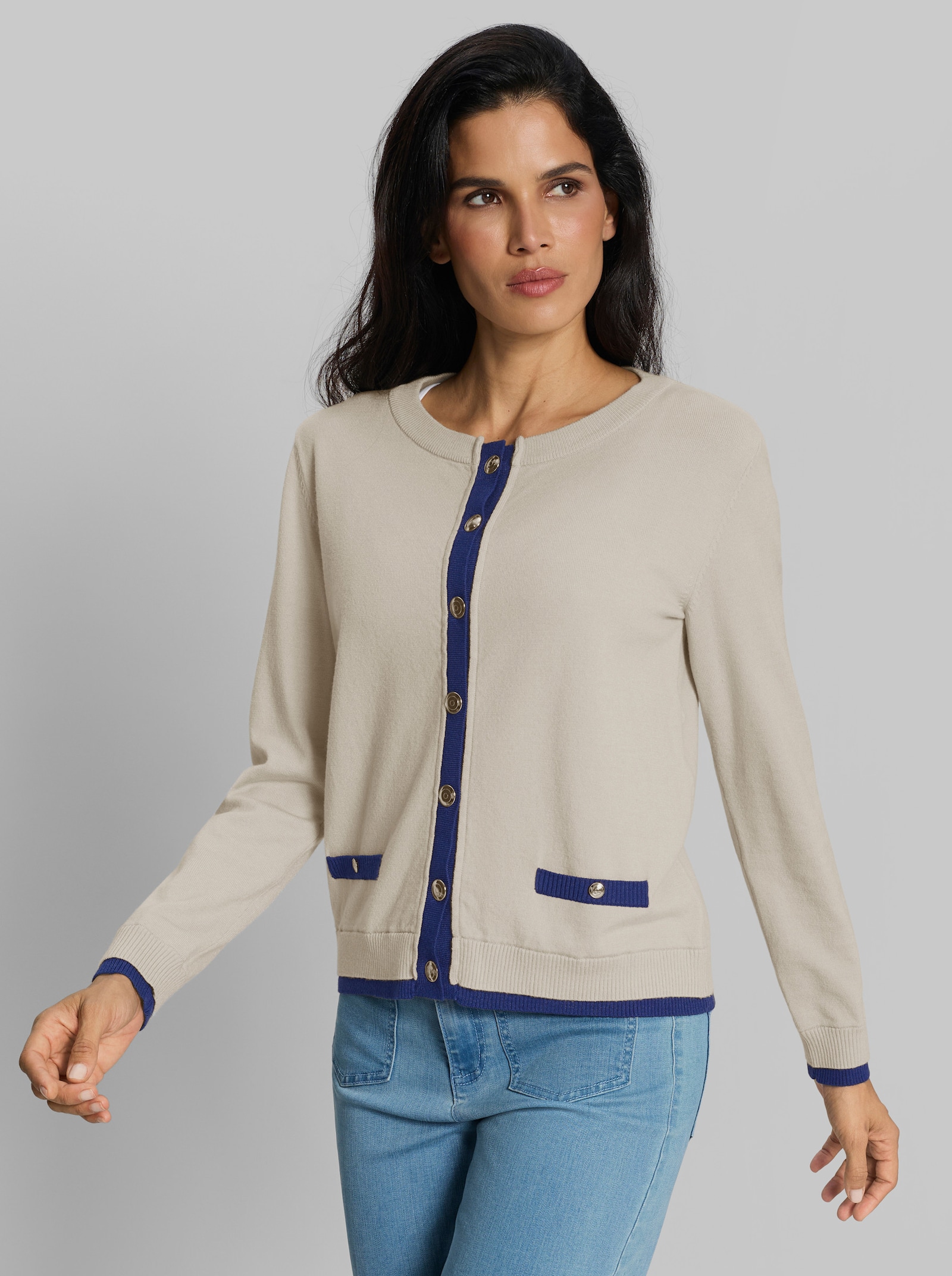 heine Strickjacke mit goldfarbenen Knöpfen - hellgrau-royalblau