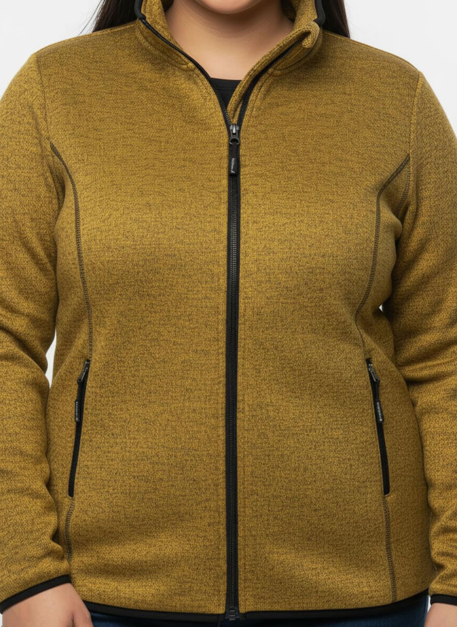 Strickfleecejacke in Longform - ocker-schwarz-gemustert