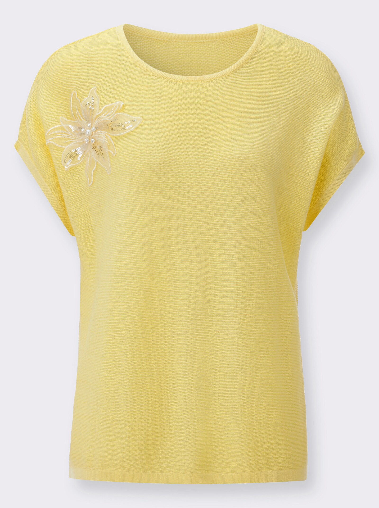 Kurzarmpullover mit Blüten-Applikation - zitrone