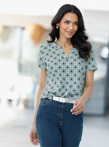 Schlupfbluse mit leicht abgerundetem Saum - jade-ecru-bedruckt