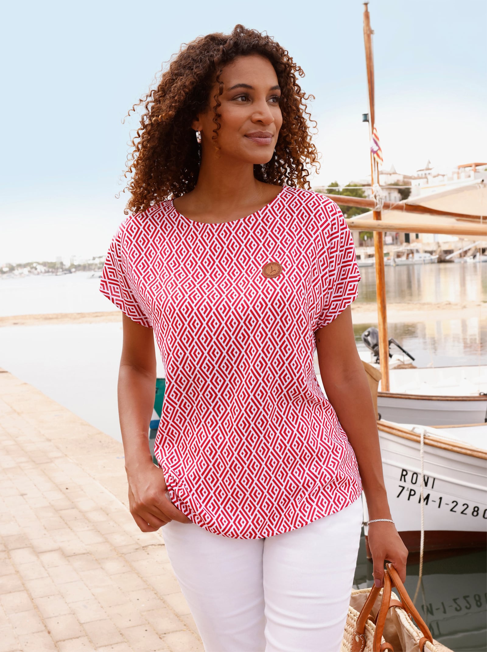 Druckbluse aus reiner Viskose - ecru-rot-bedruckt