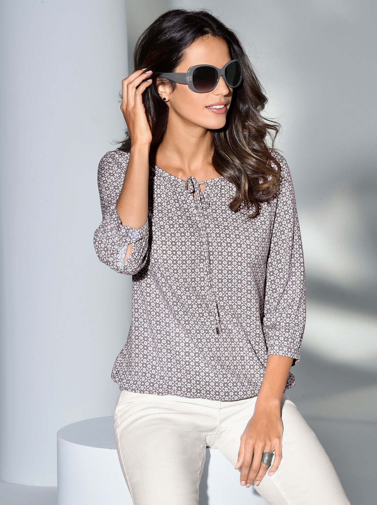 Schlupf-Bluse - taupe-bedruckt