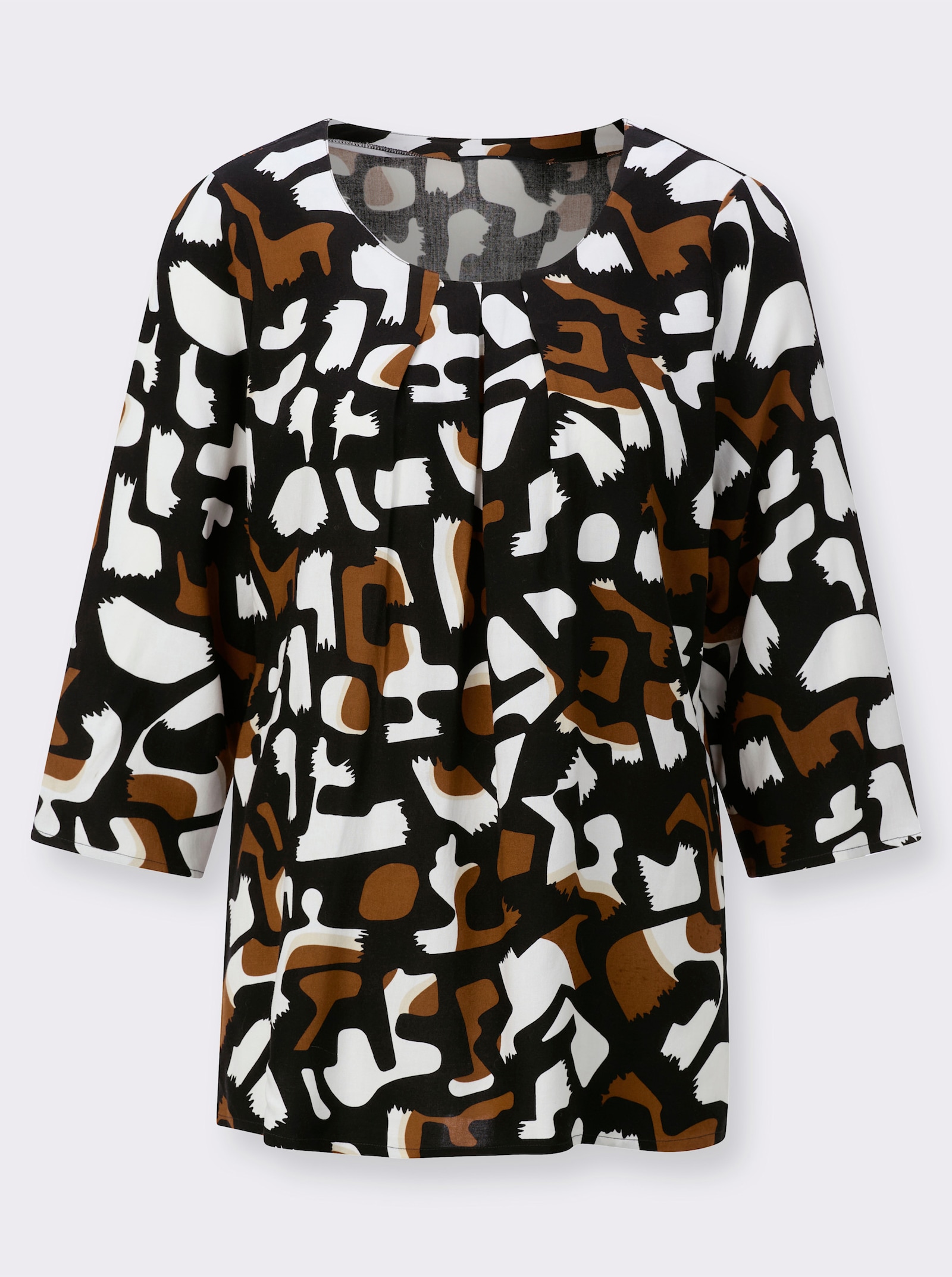 Druckbluse mit Seitenschlitzen - schwarz-cognac-bedruckt