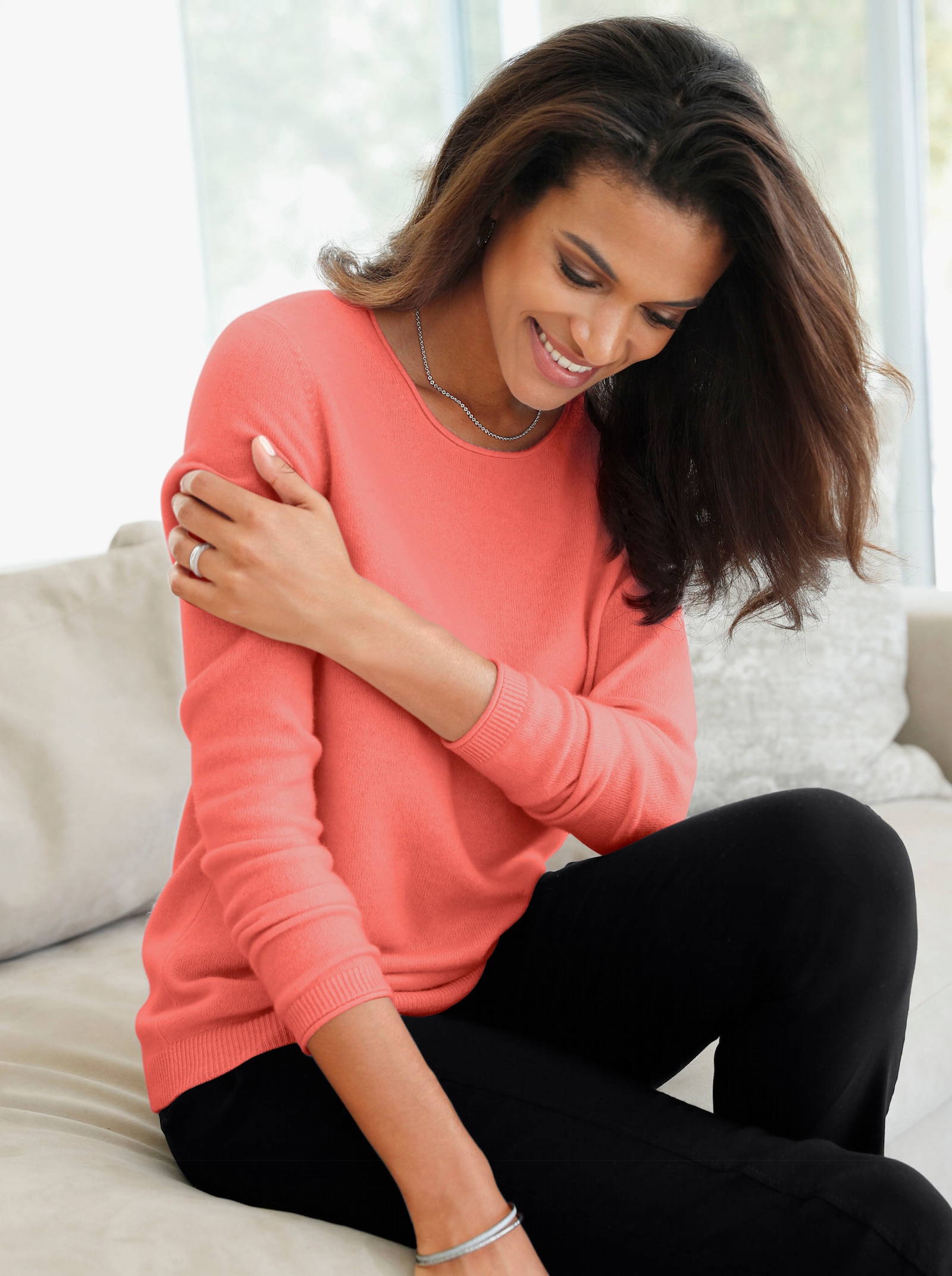 Pullover van kasjmier met rolranden - koraal gemêleerd