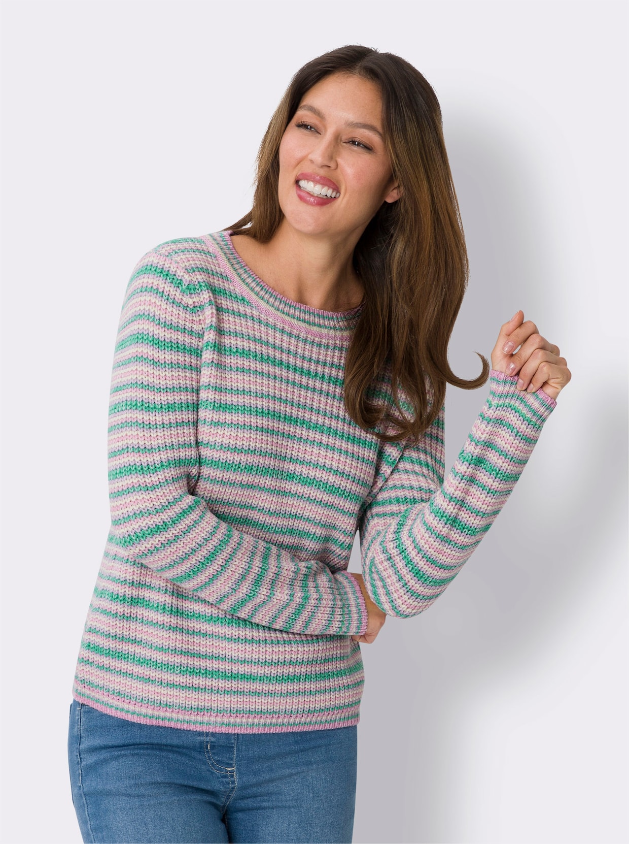 Pullover met ronde hals - smaragdgroen/vanille gemêleerd